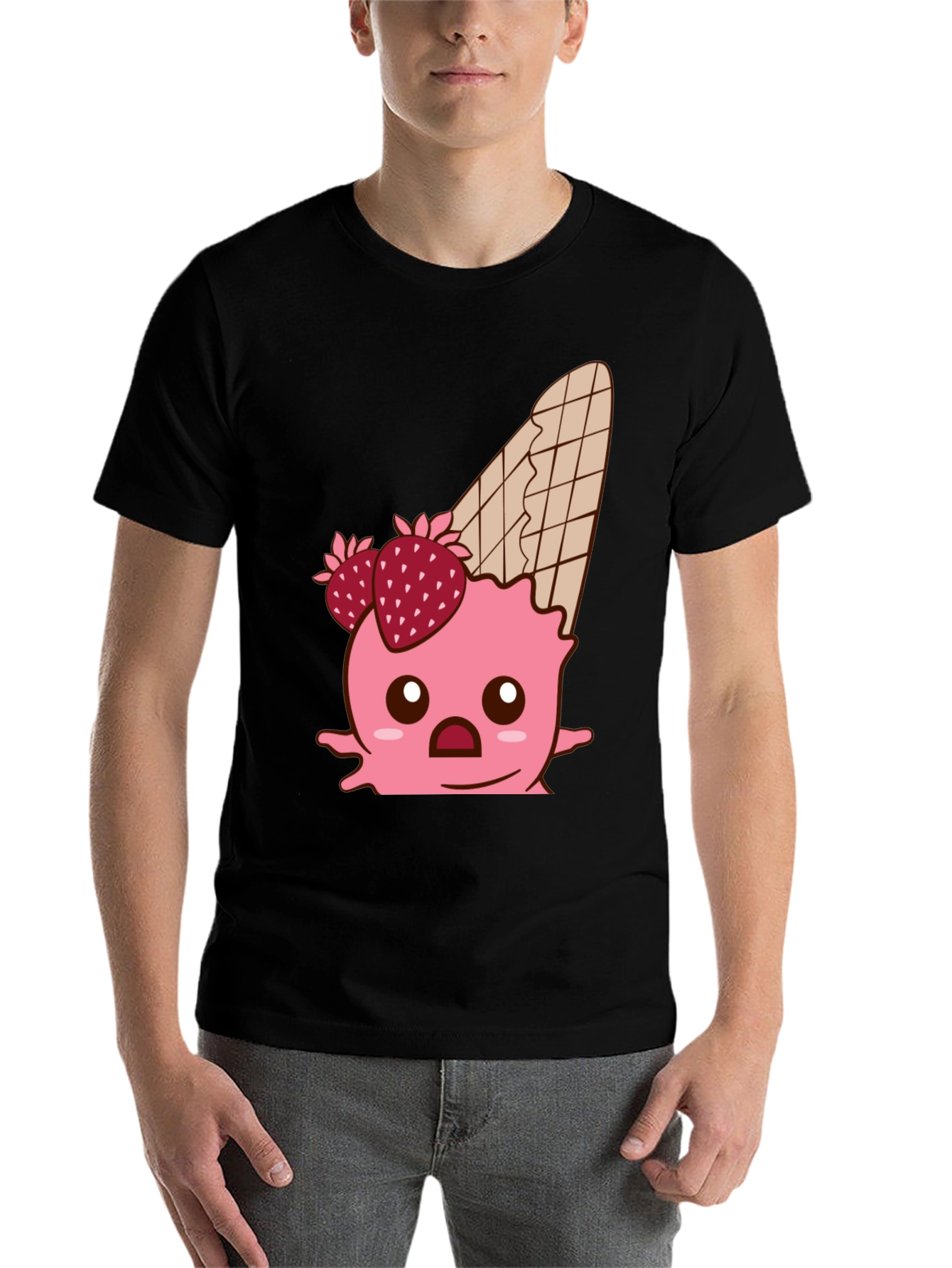 Black Kawaii Strawberry Ice Cream Cone Graphic Tee view 7