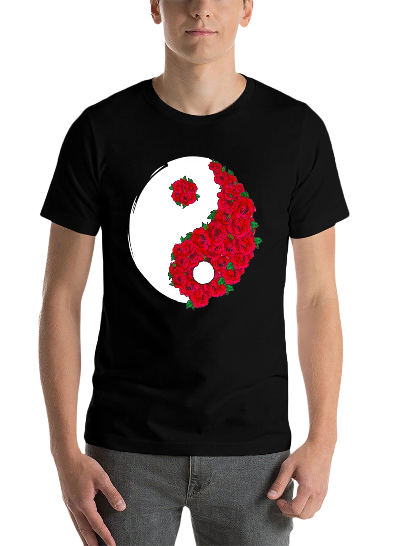 Black Yin Yang Rose Graphic T-Shirt view 7