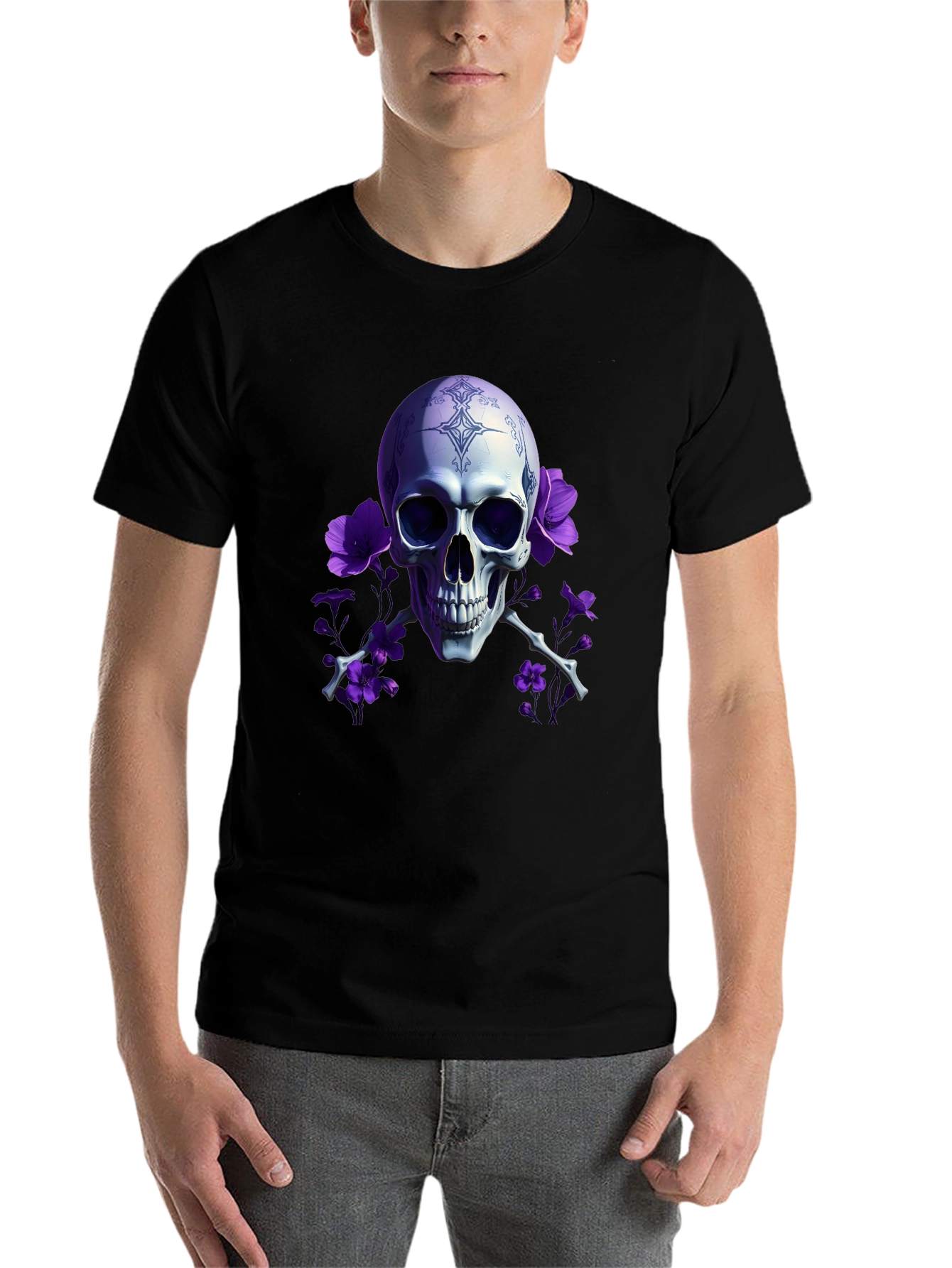 Black Skull & Flowers Graphic Tee view 7