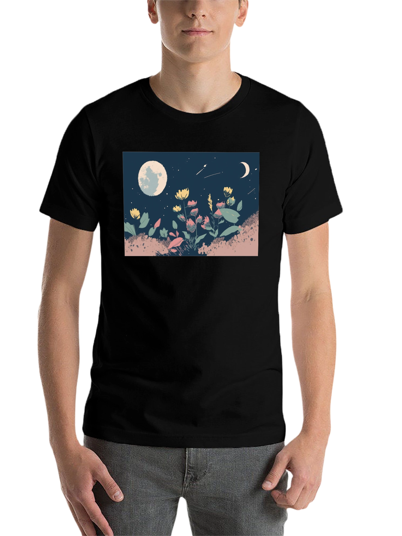 Moonlit Meadow Graphic Tee - Black Casual Shirt - 7