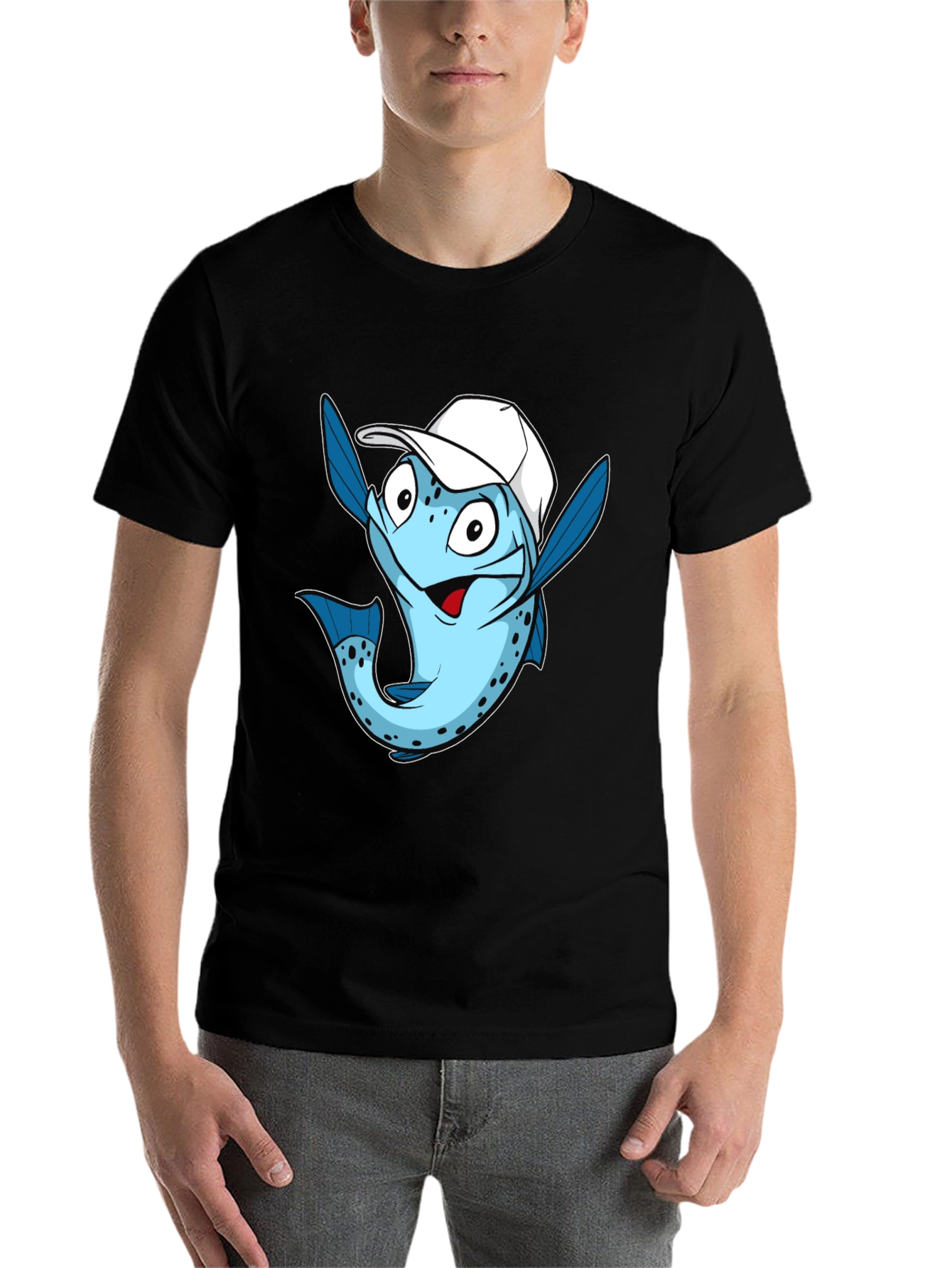 Black Funny Fish with Cap Graphic Tee - Black Cotton T-Shirt view 7
