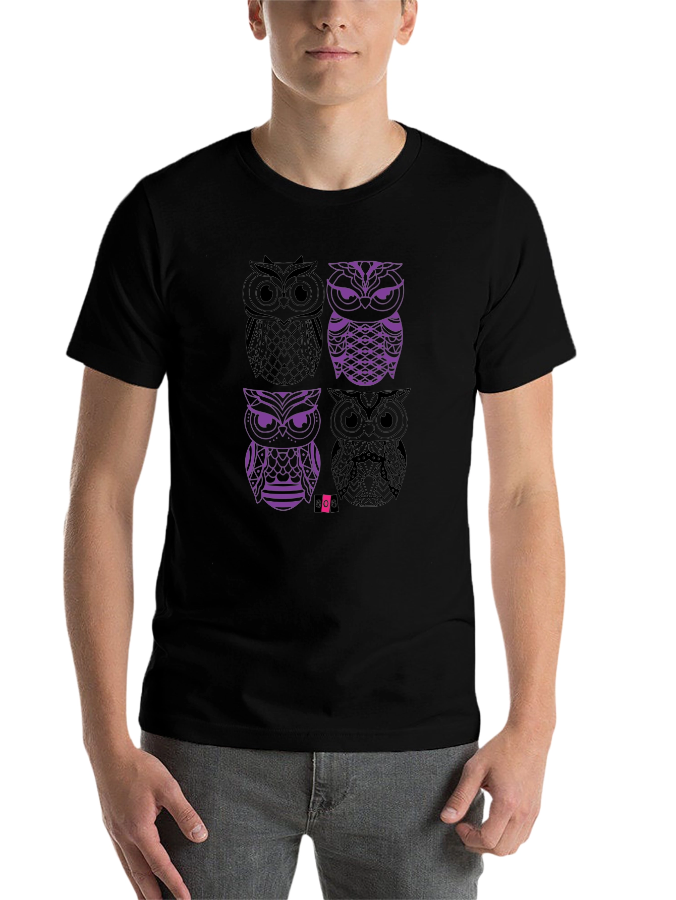 Owl Graphic Print Men's Black T-Shirt - 7