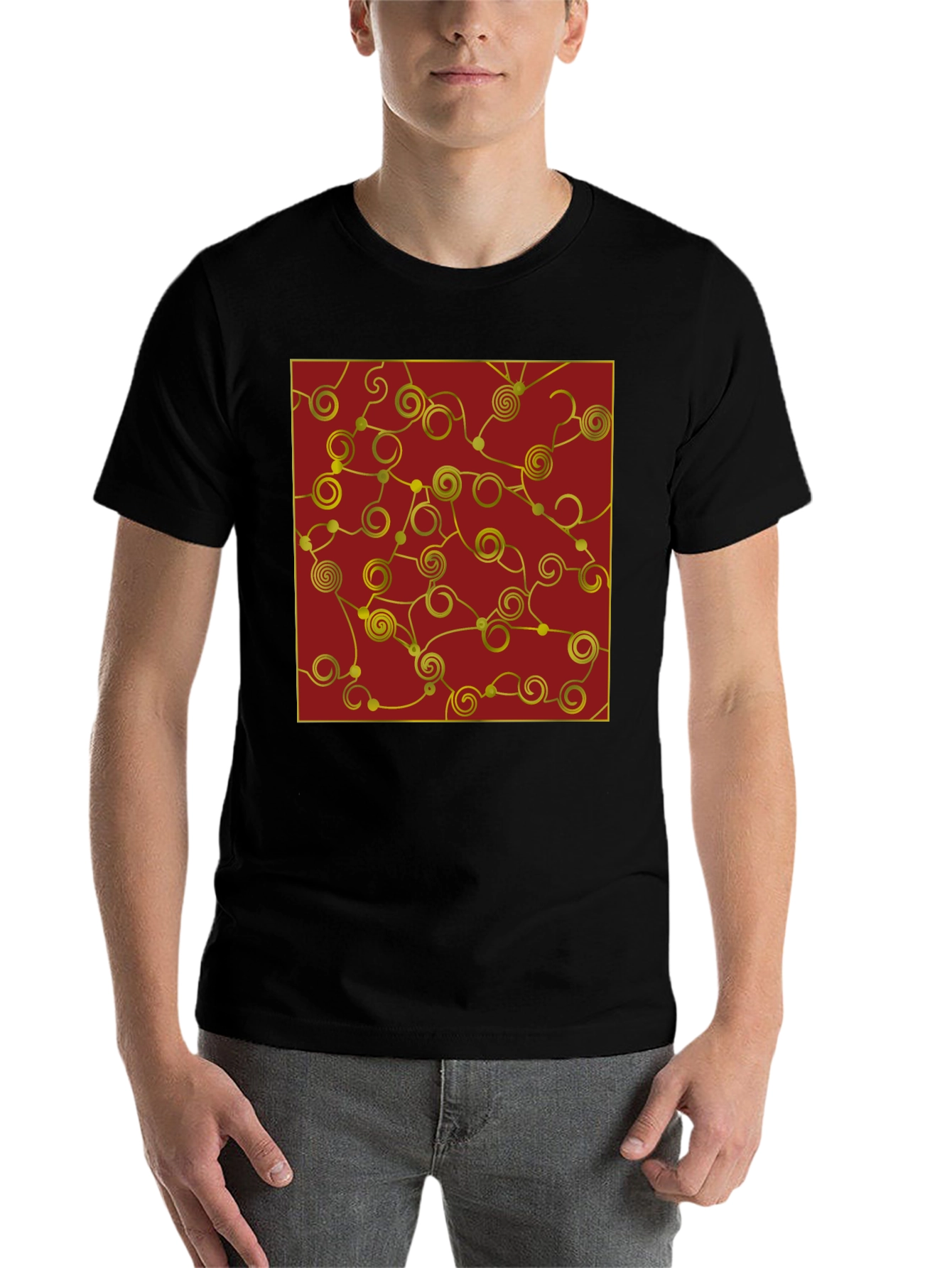 Black Stylish Black T-Shirt with Gold Swirl Graphic view 7