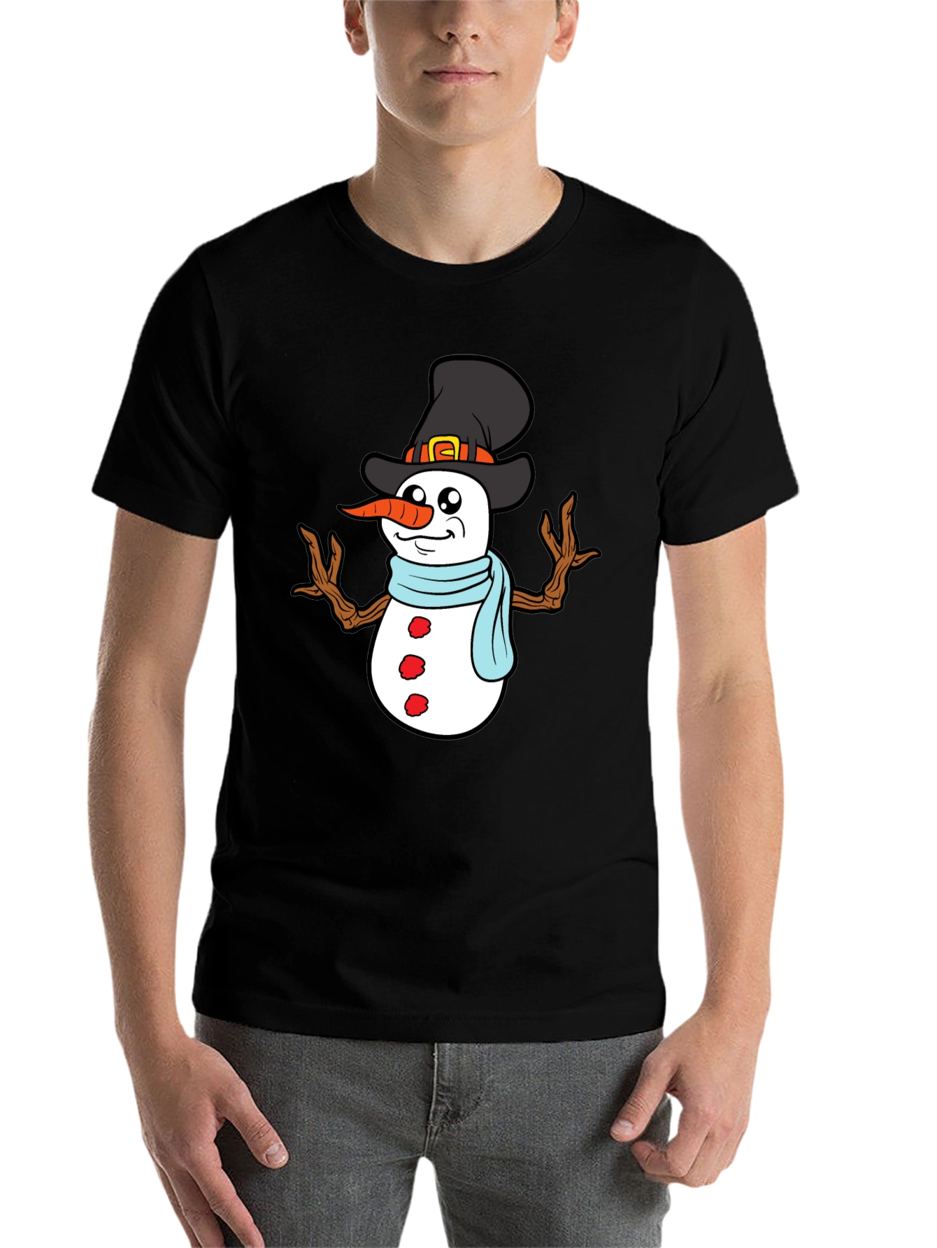 Black Snowman Graphic Tee - Festive Winter Holiday Shirt view 7
