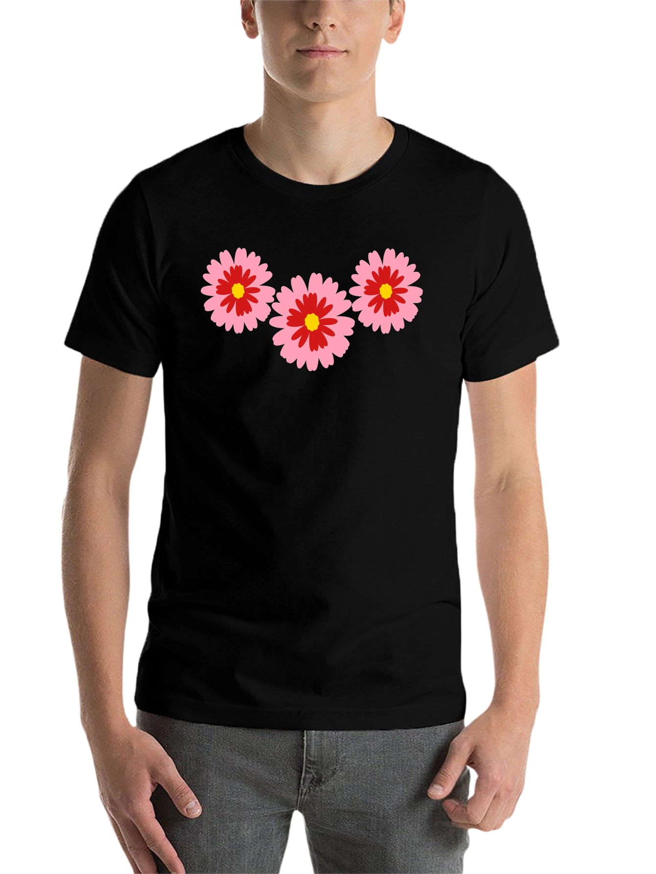 Black Black T-Shirt with Pink Flower Design view 7