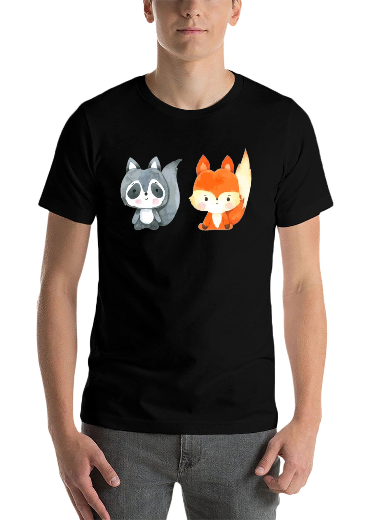 Black Cute Cartoon Animal Tee: Raccoon & Fox Black Shirt view 7