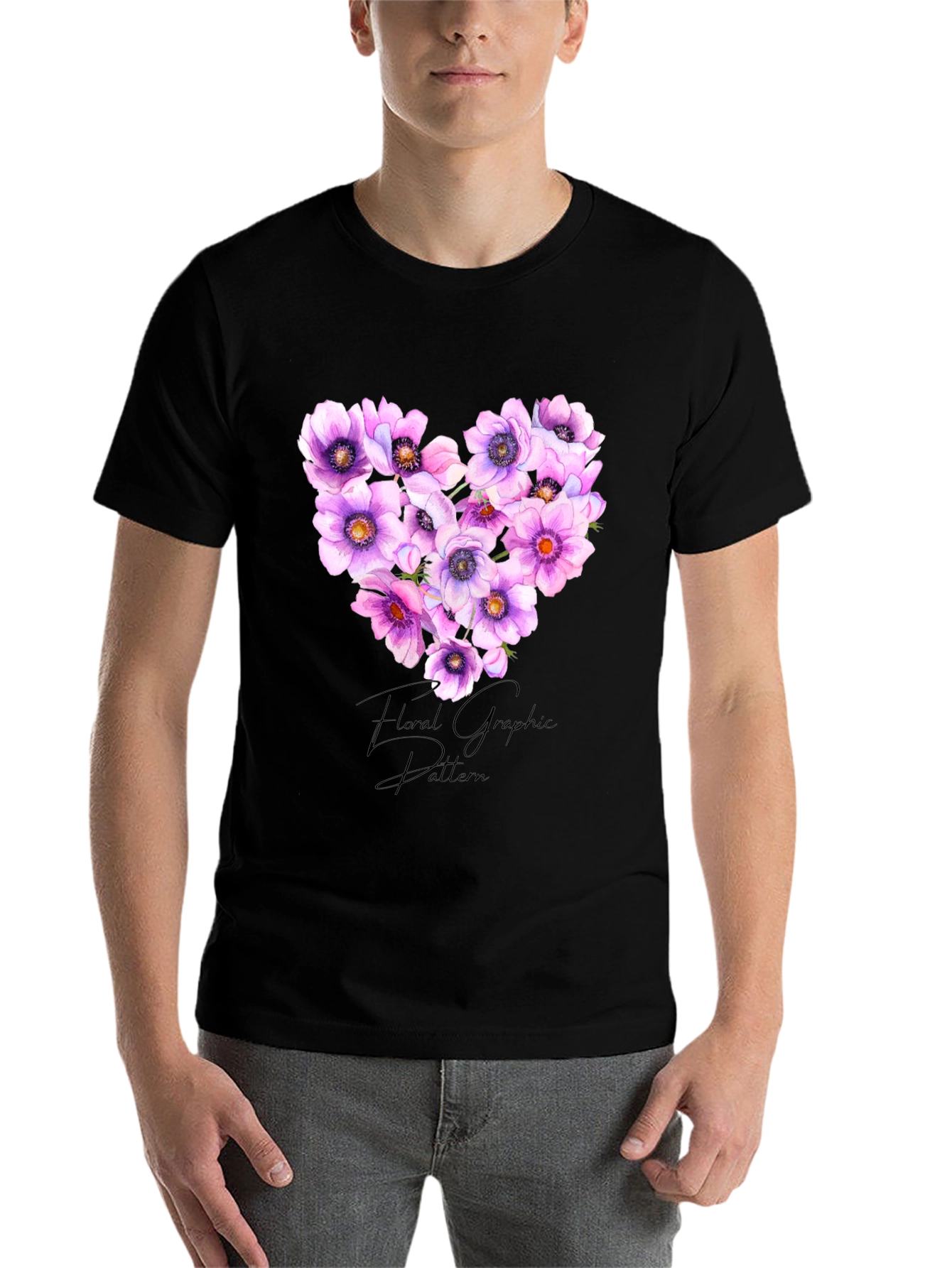 Black Floral Heart Graphic Black T-Shirt view 7