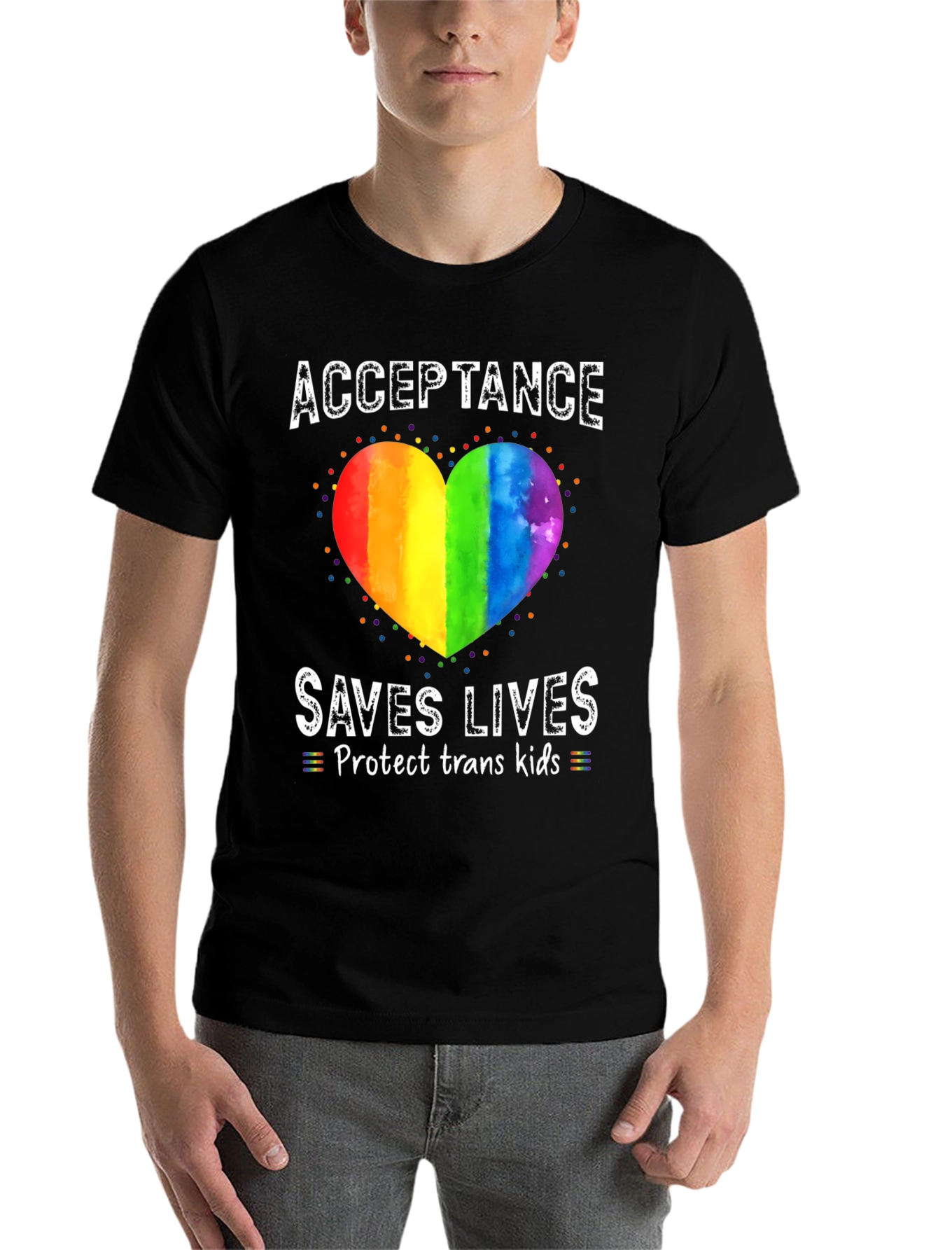 Black Acceptance Saves Lives Rainbow Heart T-Shirt view 7