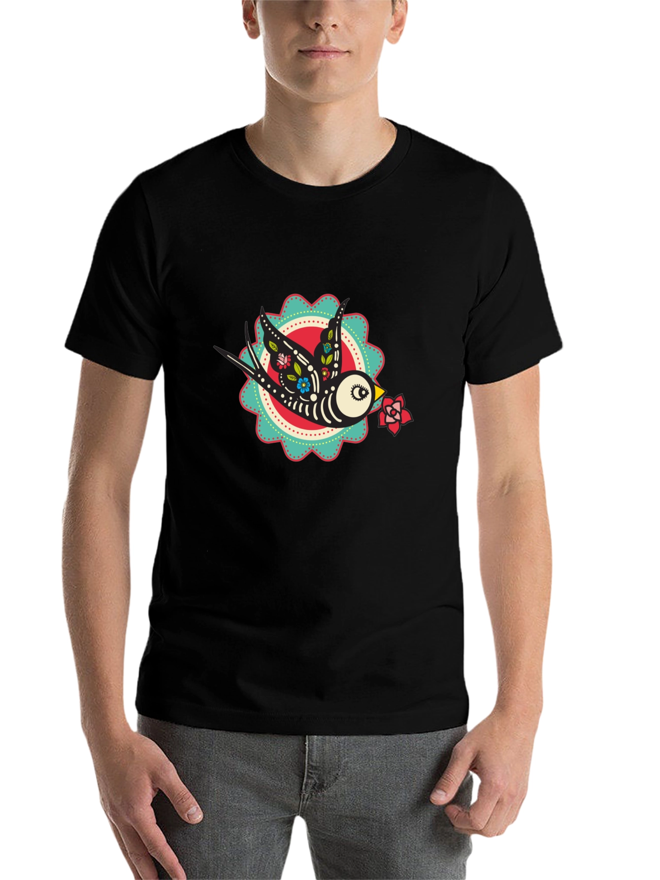 Black Day of the Dead Bird Graphic Tee - Black Cotton T-Shirt view 7
