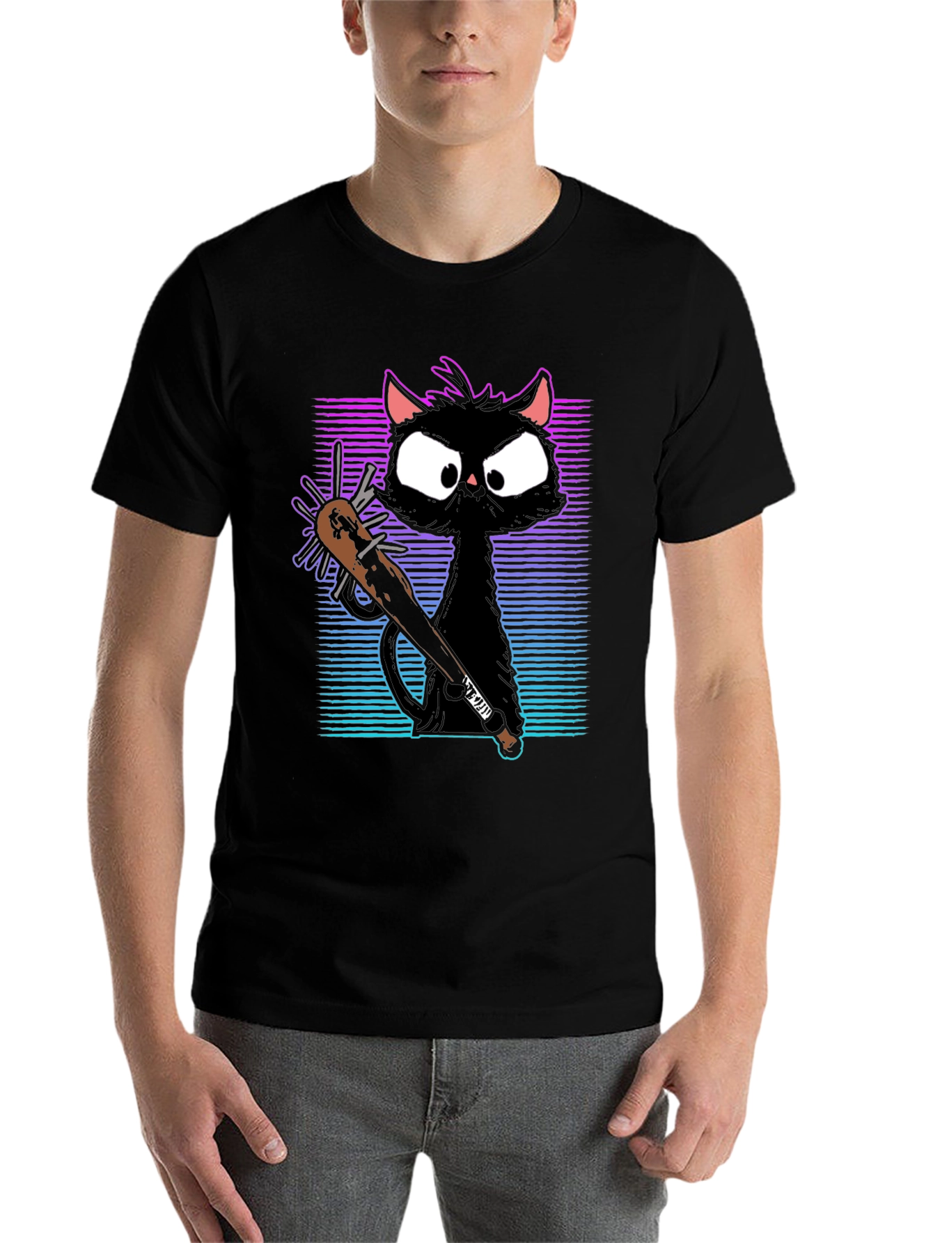 Black Gangster Cat T-Shirt with Spiked Bat - Black view 7