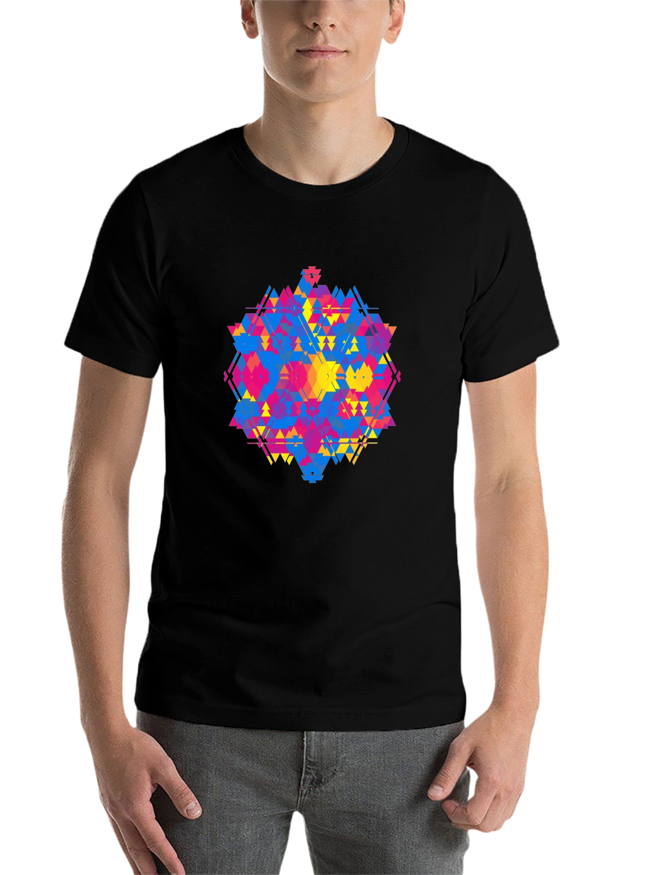 Black Geometric Triangle Pattern Black T-Shirt view 7