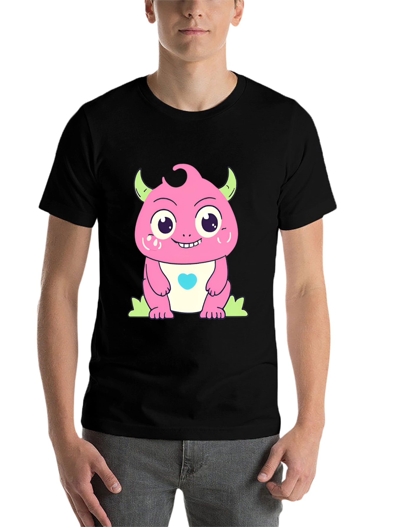 Black Cute Cartoon Monster Graphic Black T-Shirt view 7
