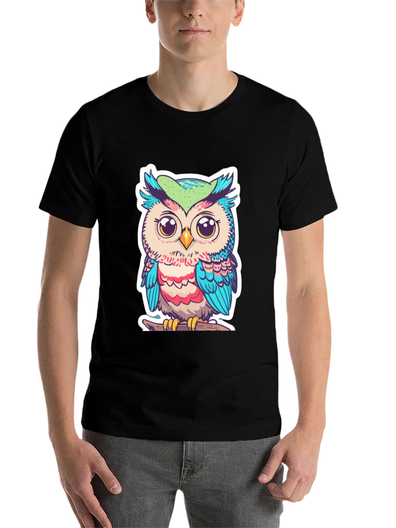 Black Cute Owl Graphic T-Shirt - Black Cotton Tee view 7