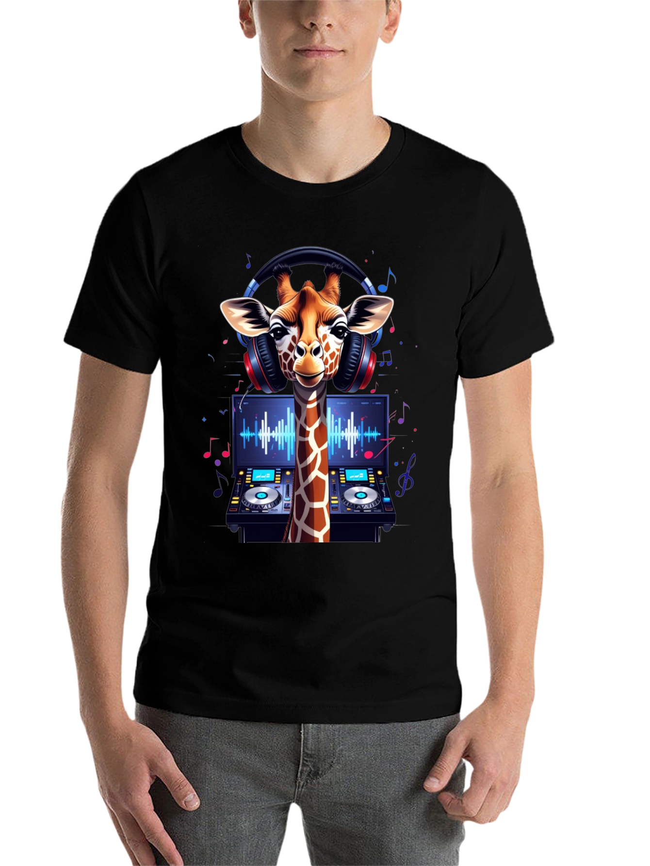 Black DJ Giraffe Graphic Tee - Music Lover's T-Shirt view 7