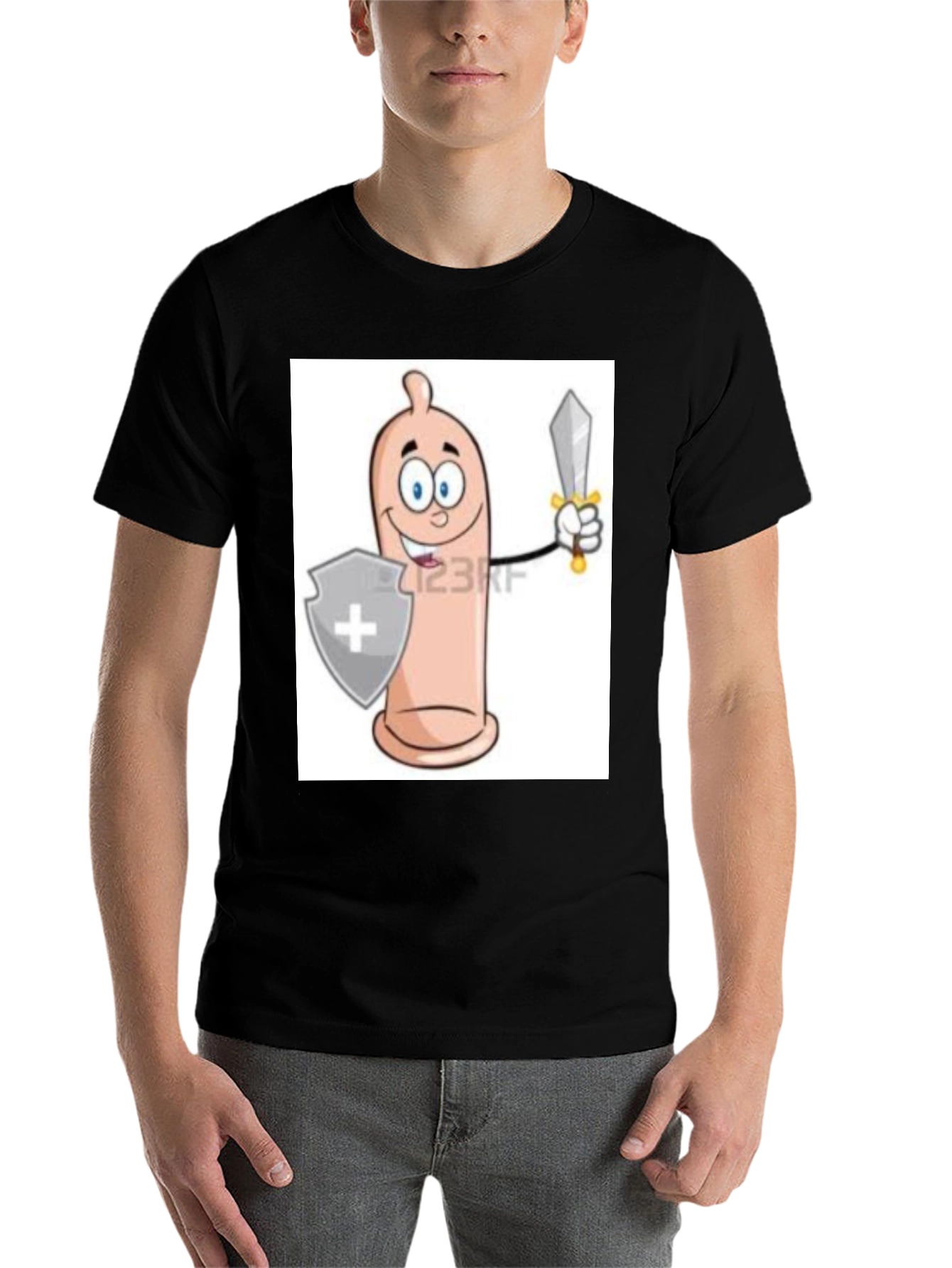 Black Funny Condom Cartoon Graphic Tee view 7