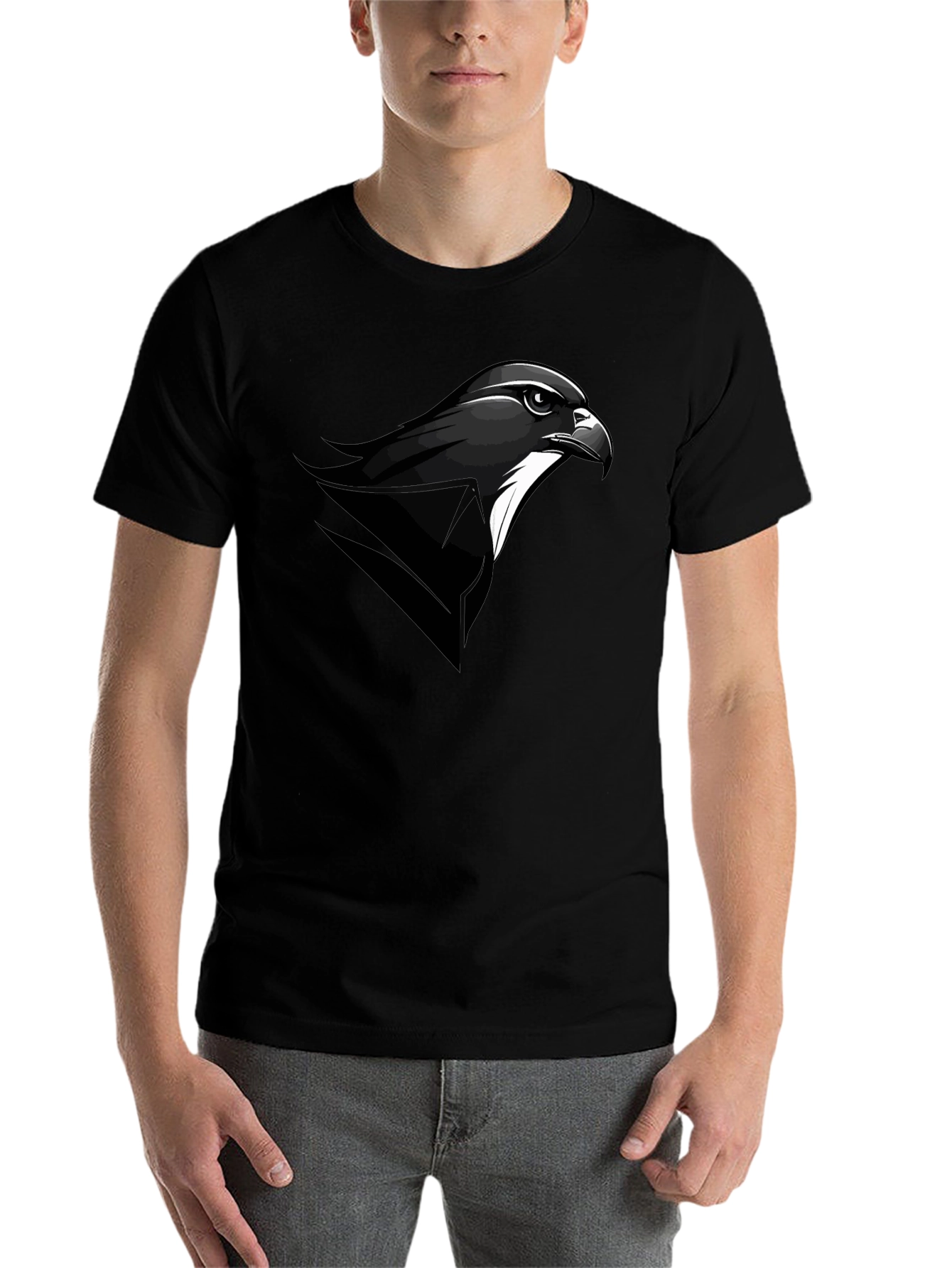 Black Men's Black T-Shirt with Falcon Graphic Tee view 7
