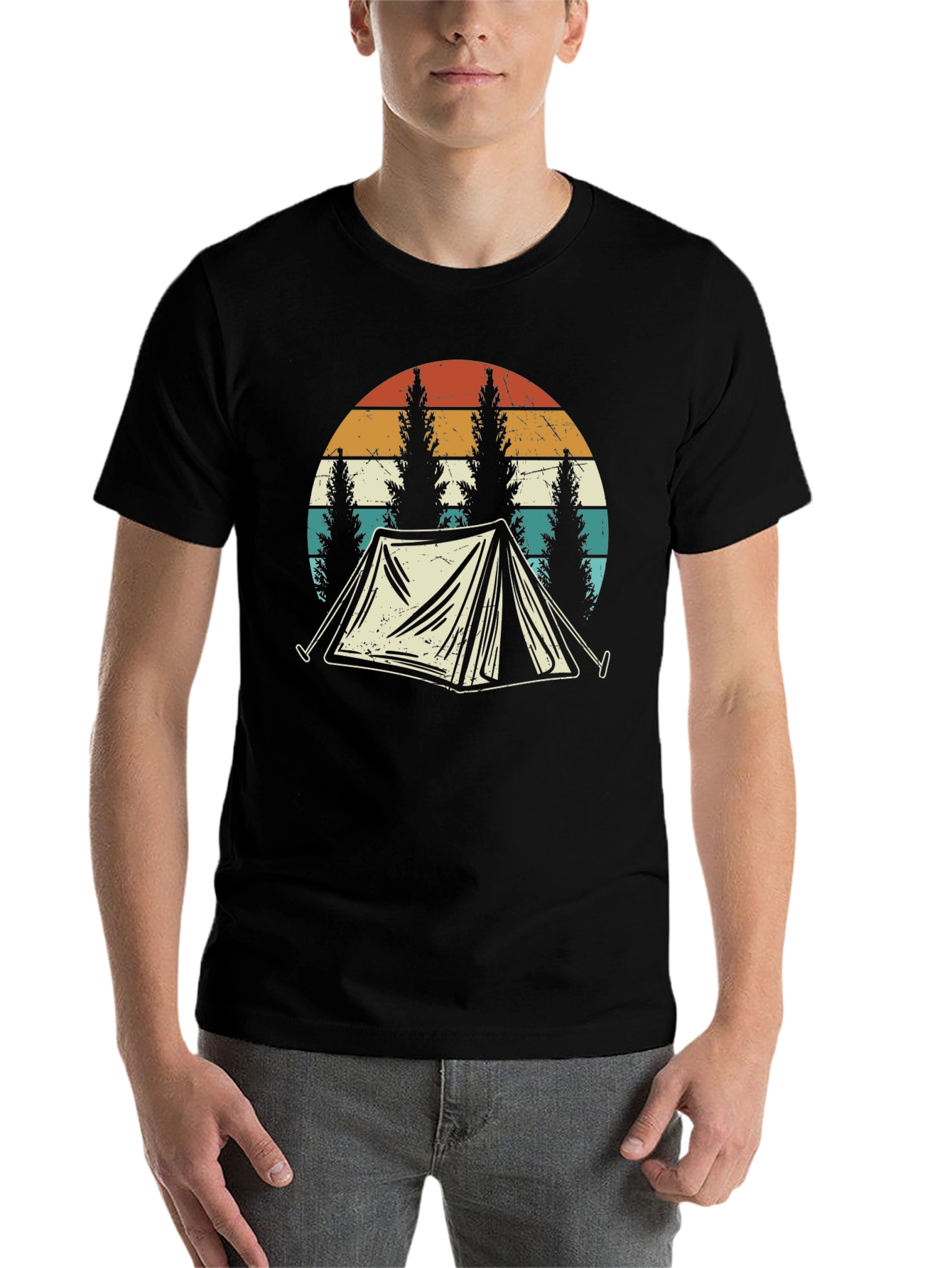 Black Vintage Camping T-Shirt - Retro Tent & Trees Design view 7