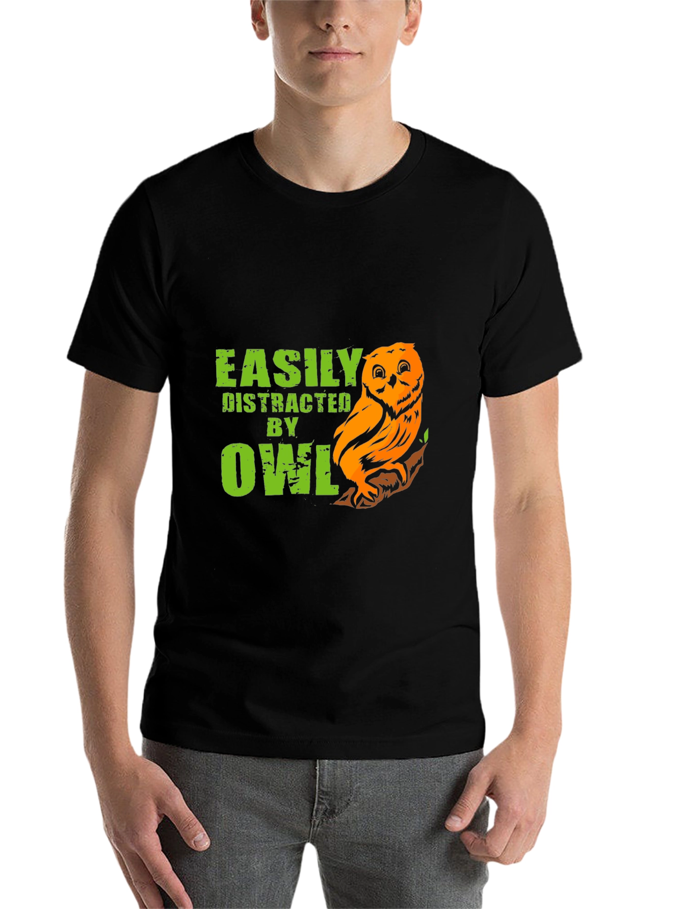 Black Easily Distracted By Owls Funny T-Shirt view 7