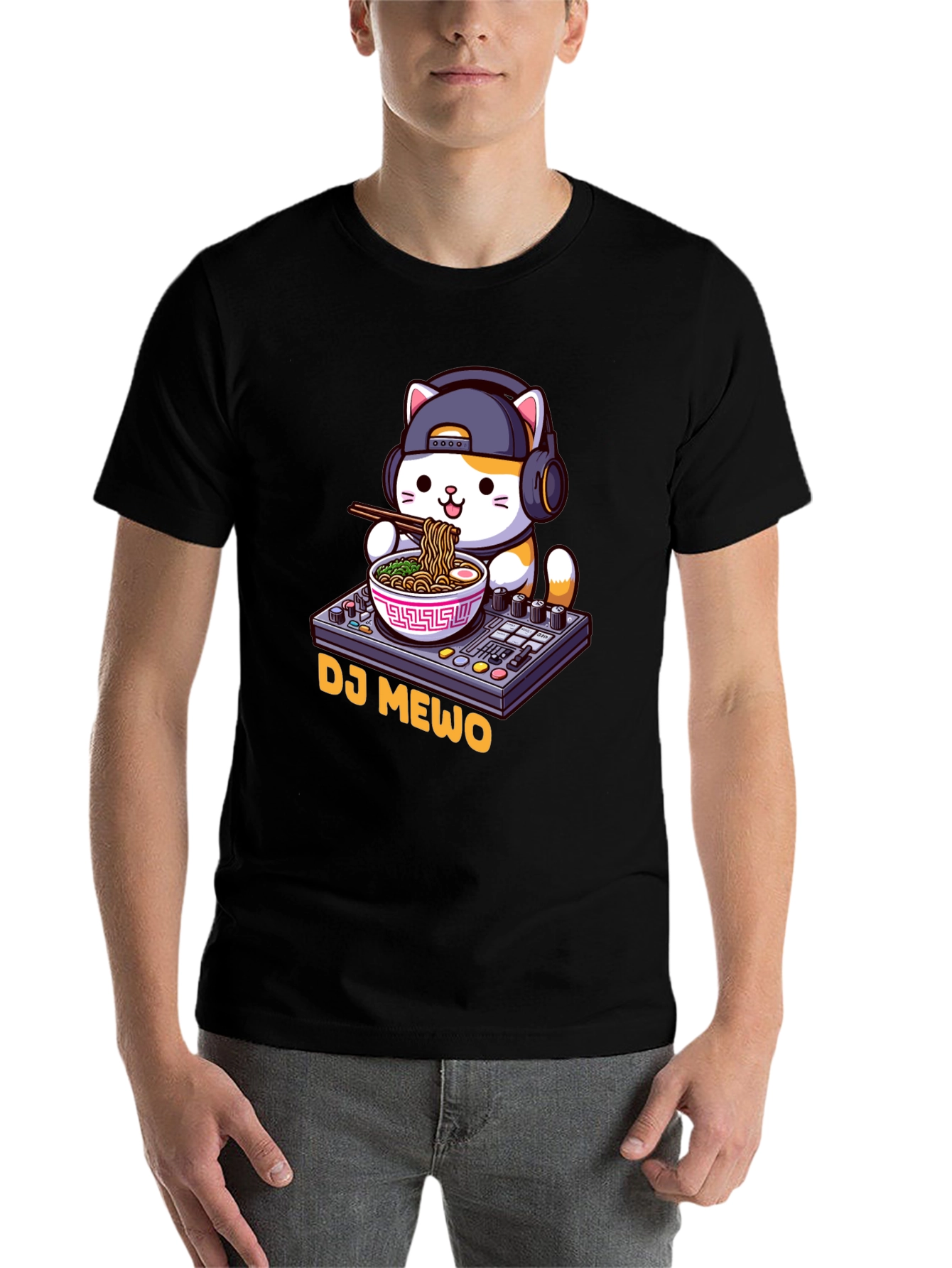 Black DJ MEWO Black T-Shirt - Cat Ramen DJ Design view 7
