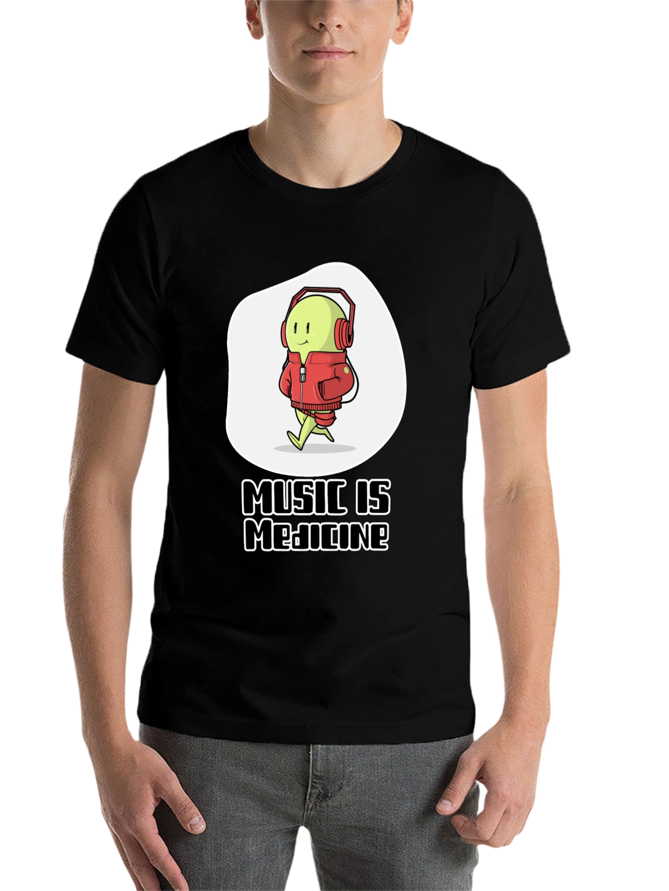 Black Music is Medicine T-Shirt - Cartoon Character with Headphones view 7