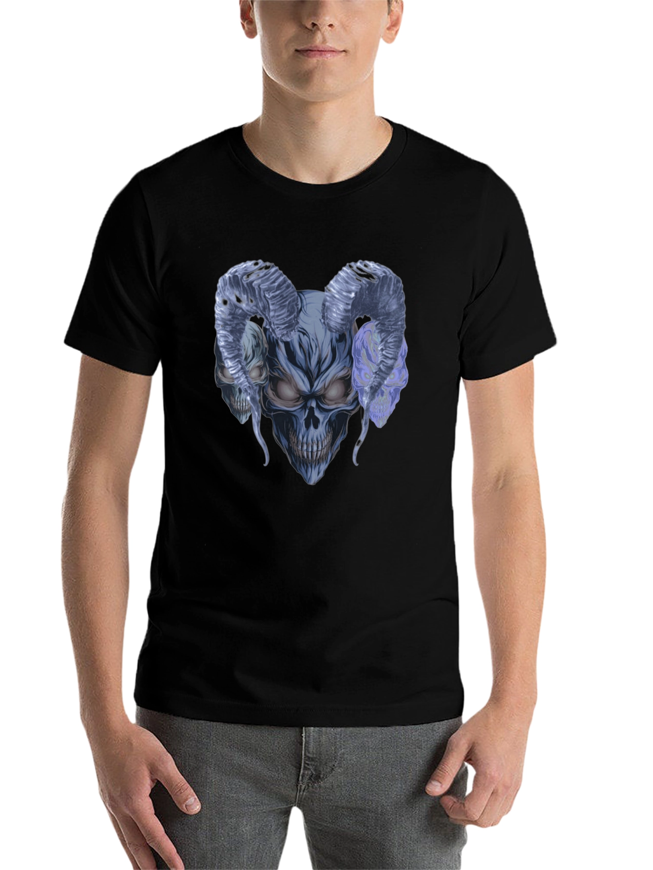 Black Skull Horns Graphic Tee - Men's Black Cotton T-Shirt view 7