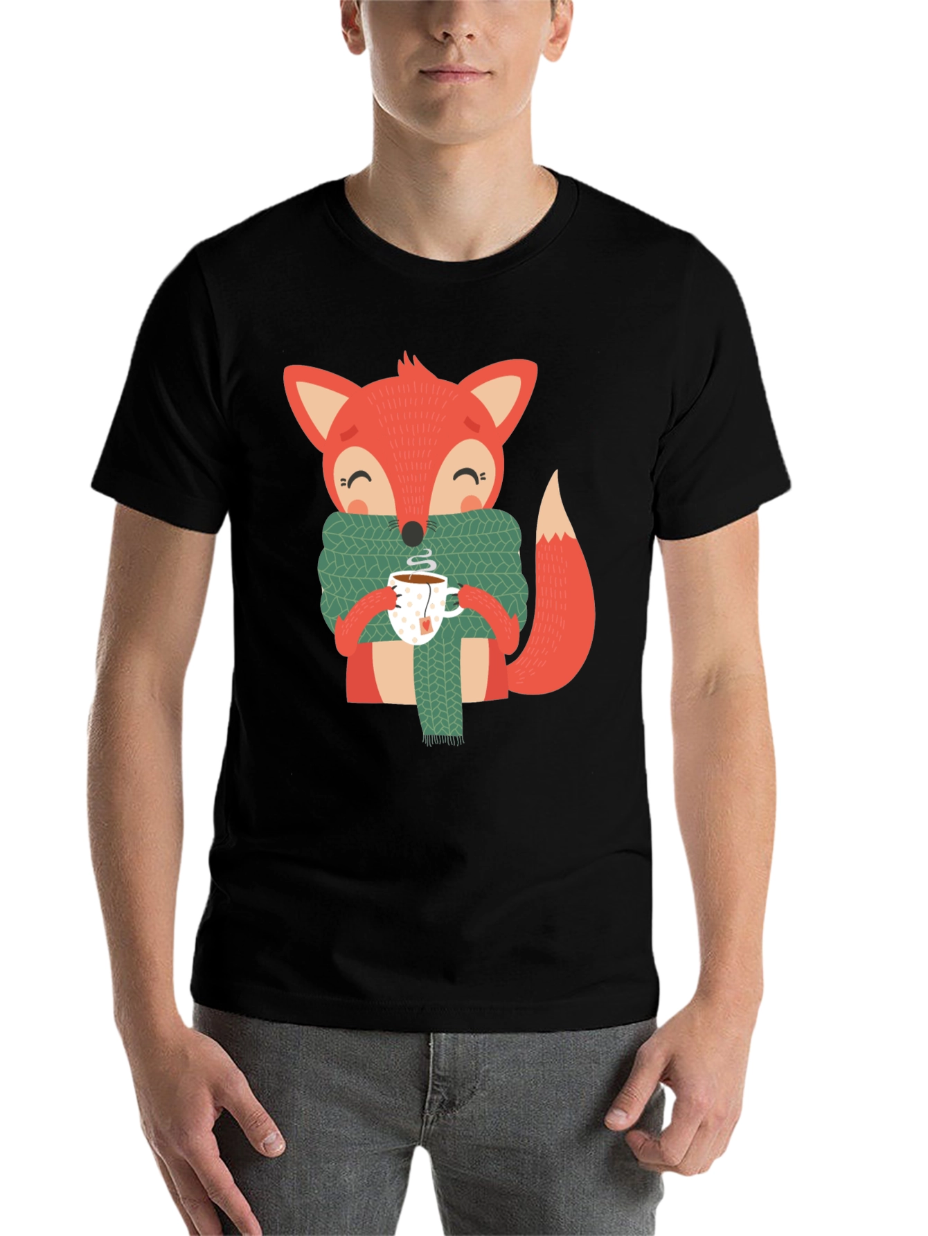 Black Cute Fox Winter Tee - Snug Scarf & Hot Tea Design view 7