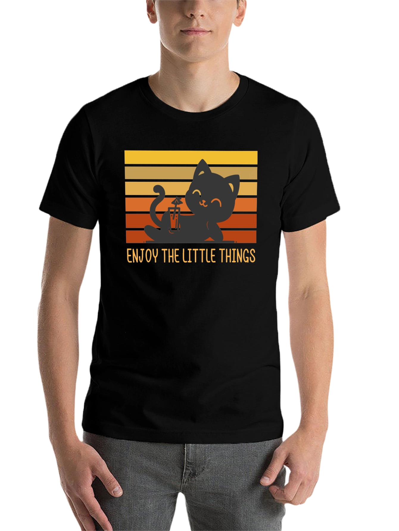 Black Enjoy the Little Things Cat T-Shirt - Relaxed Black Tee view 7