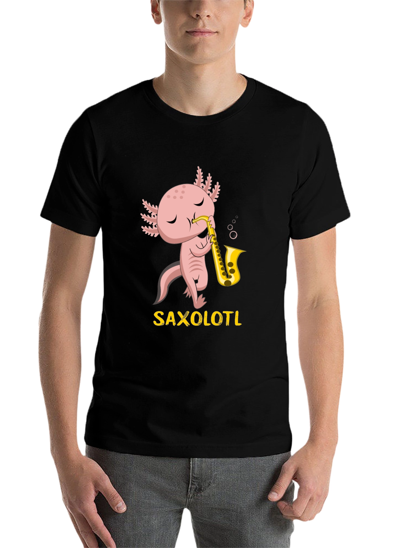 Black Saxolotl T-Shirt: Funny Axolotl Playing Saxophone Tee view 7