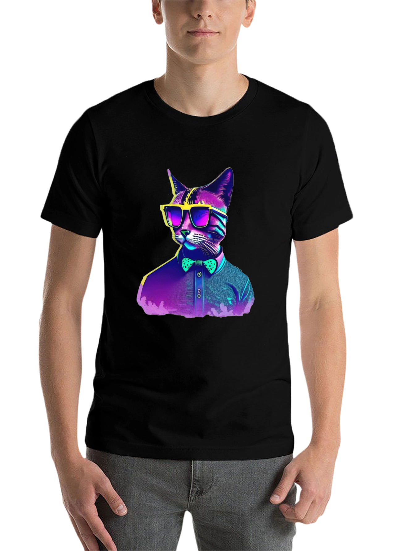 Black Hipster Cat T-Shirt - Cool Neon Design view 7