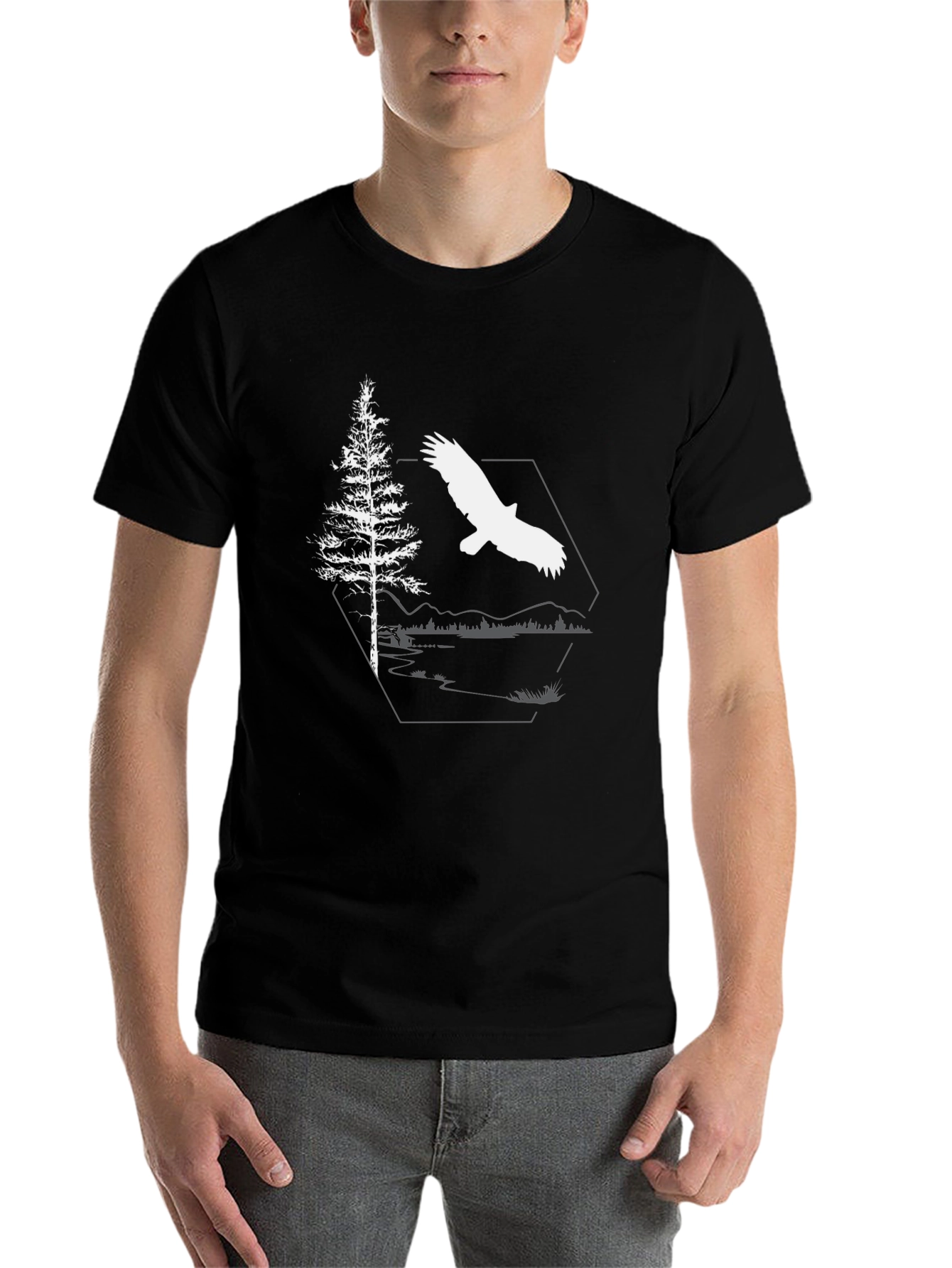 Black Eagle & Pine Tree Graphic Black T-Shirt view 7