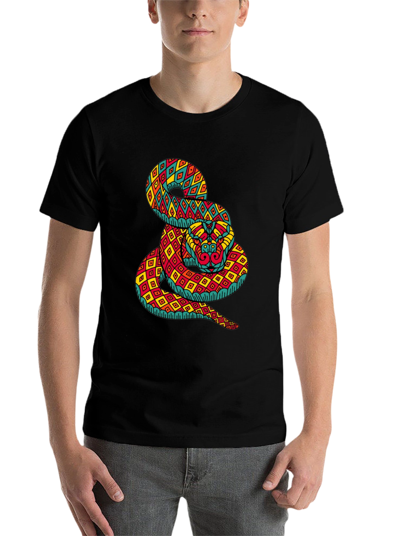 Black Geometric Snake Print Black T-Shirt view 7