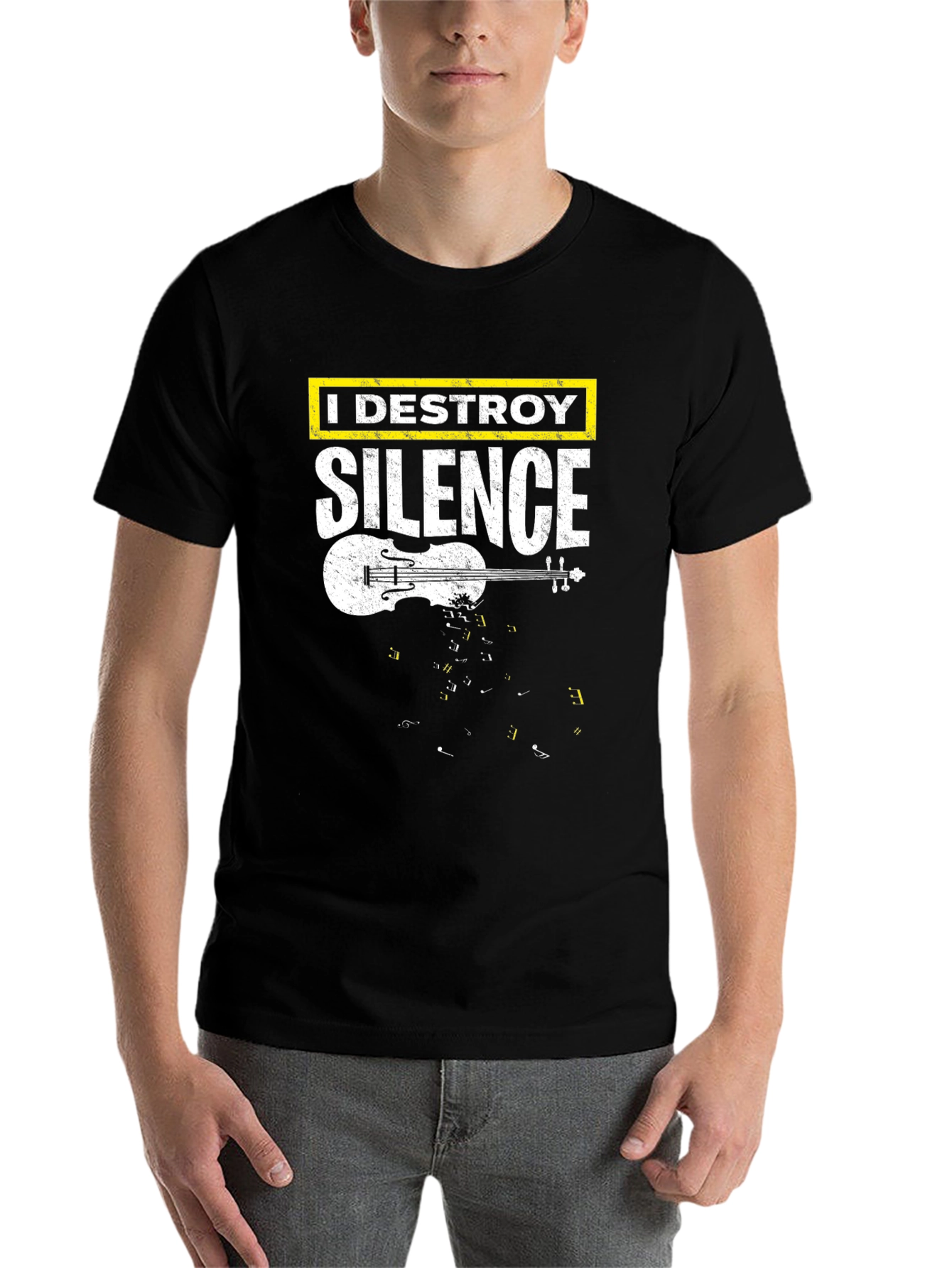 Black I Destroy Silence Violin Graphic T-Shirt view 7