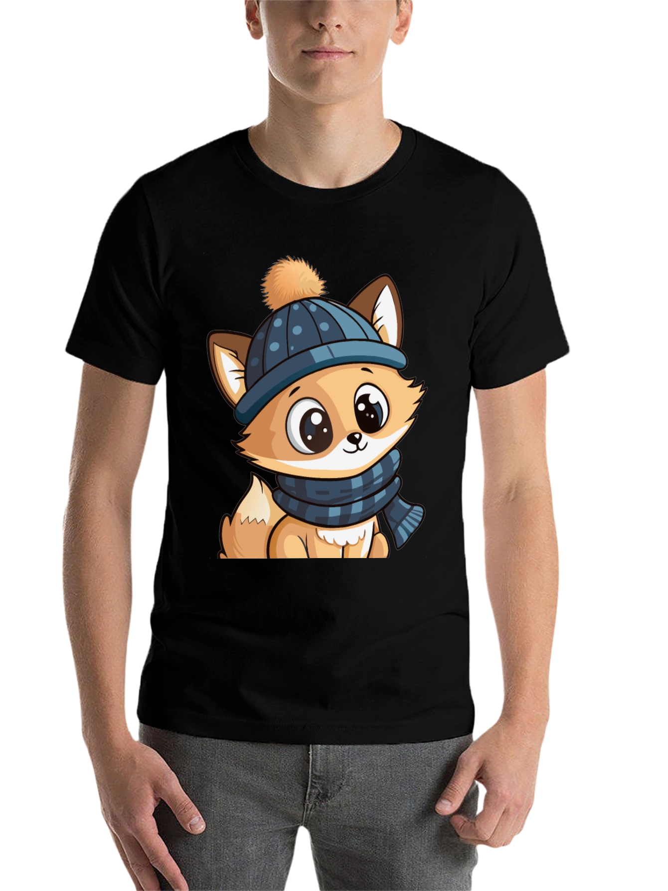 Black Cute Cartoon Fox with Winter Hat Graphic Tee view 7