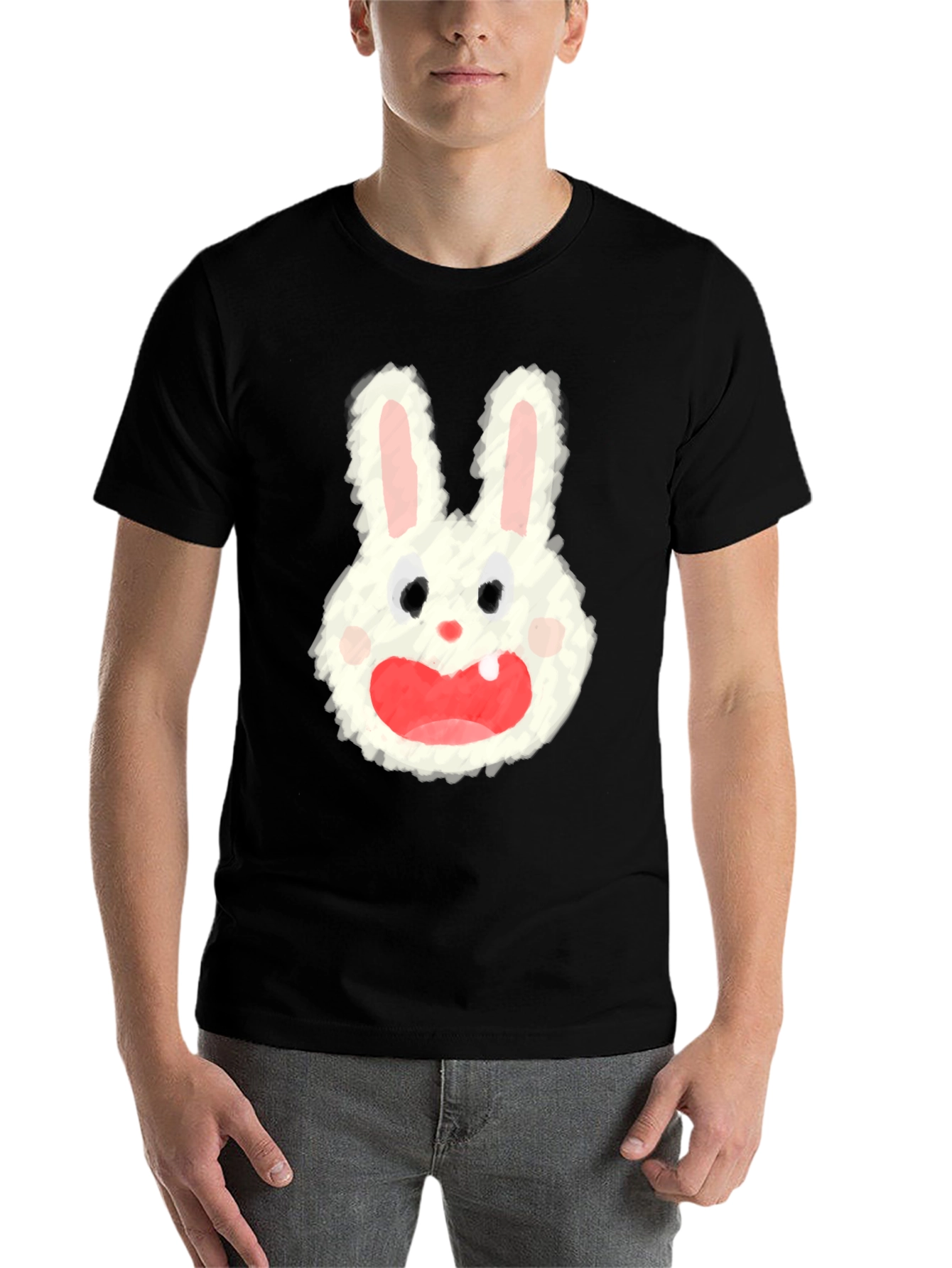 Black Cartoon Bunny Graphic Tee - Soft Black Cotton Blend view 7