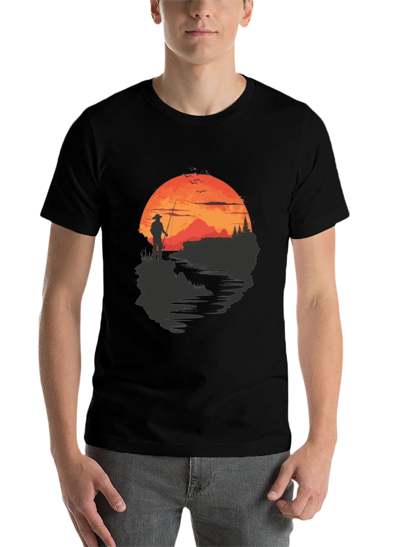 Black Fisherman Sunset Graphic Tee - Black Crew Neck view 7