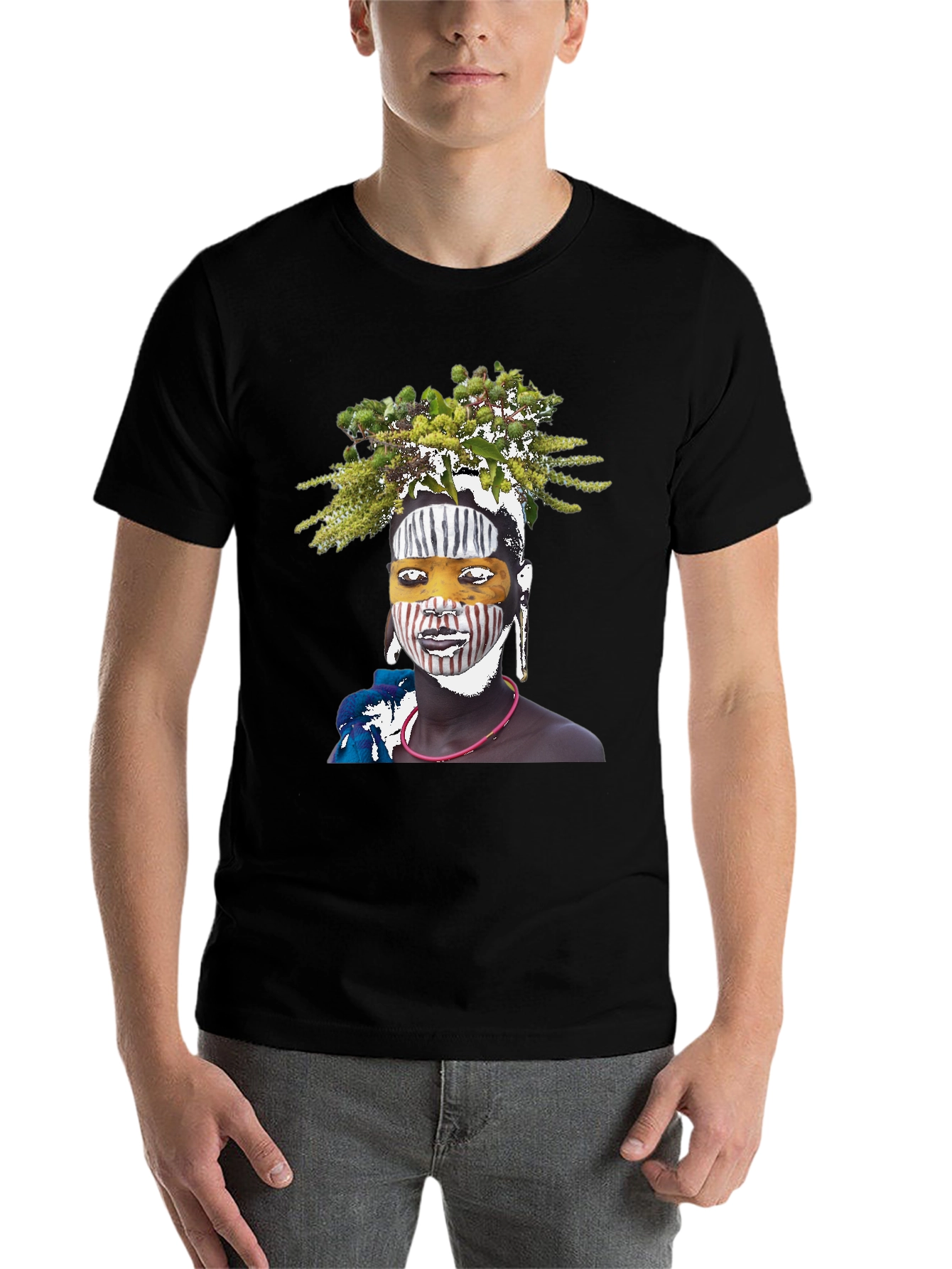 Black Tribal Face Art Graphic T-Shirt view 7