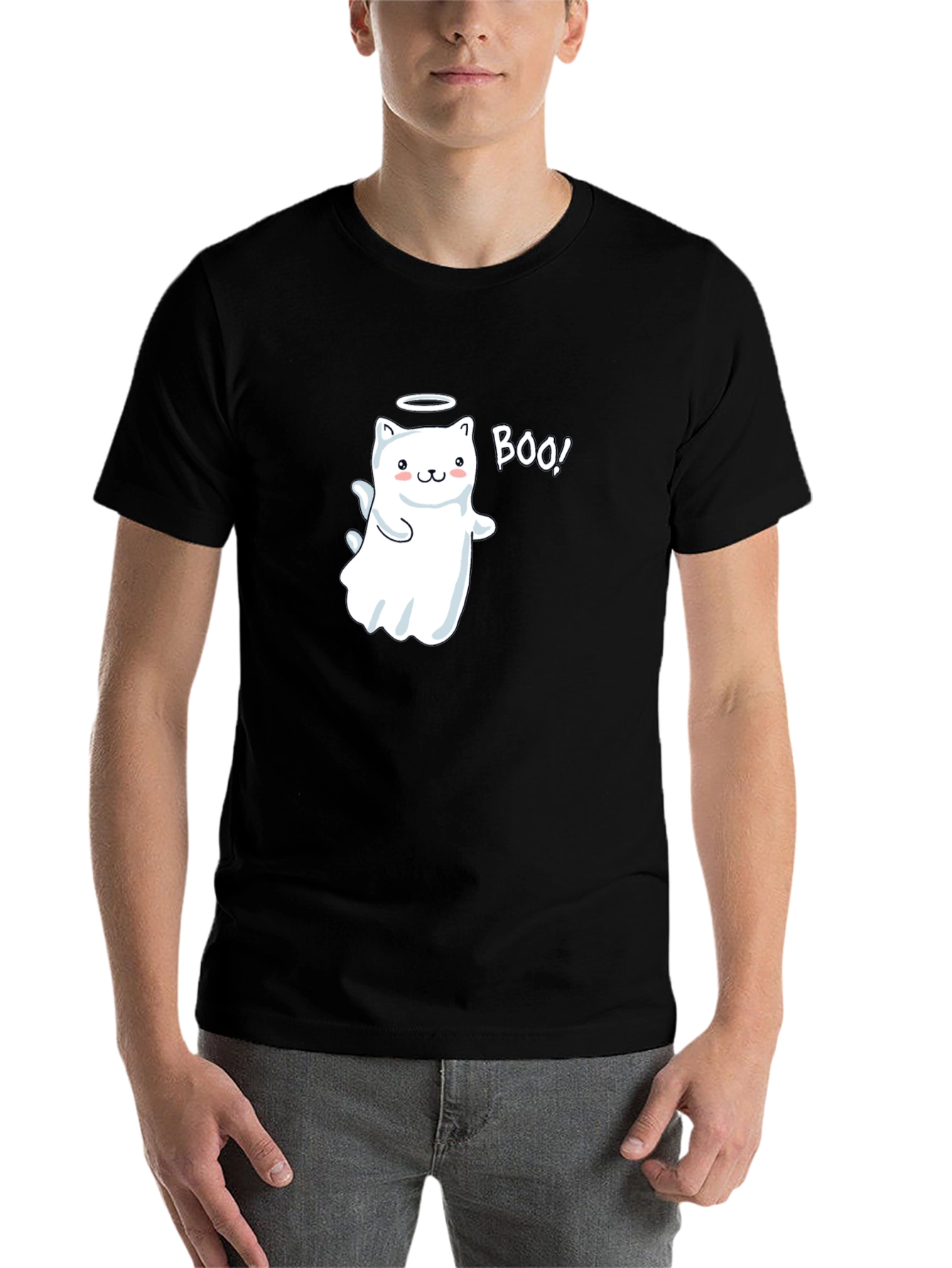 Cute Ghost Cat Boo! Black T-Shirt - 7