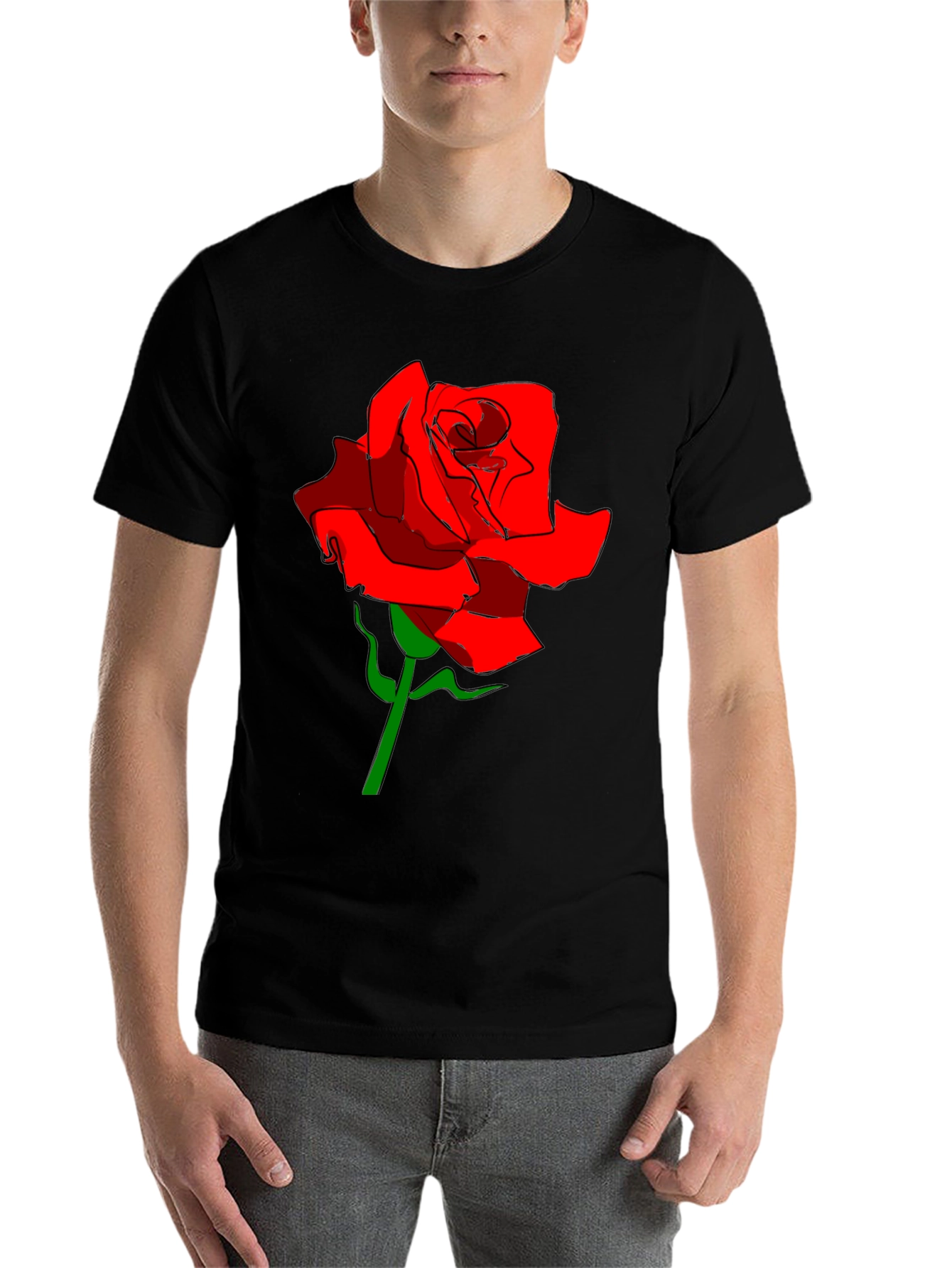 Black Men's Black T-Shirt with Red Rose Graphic view 7