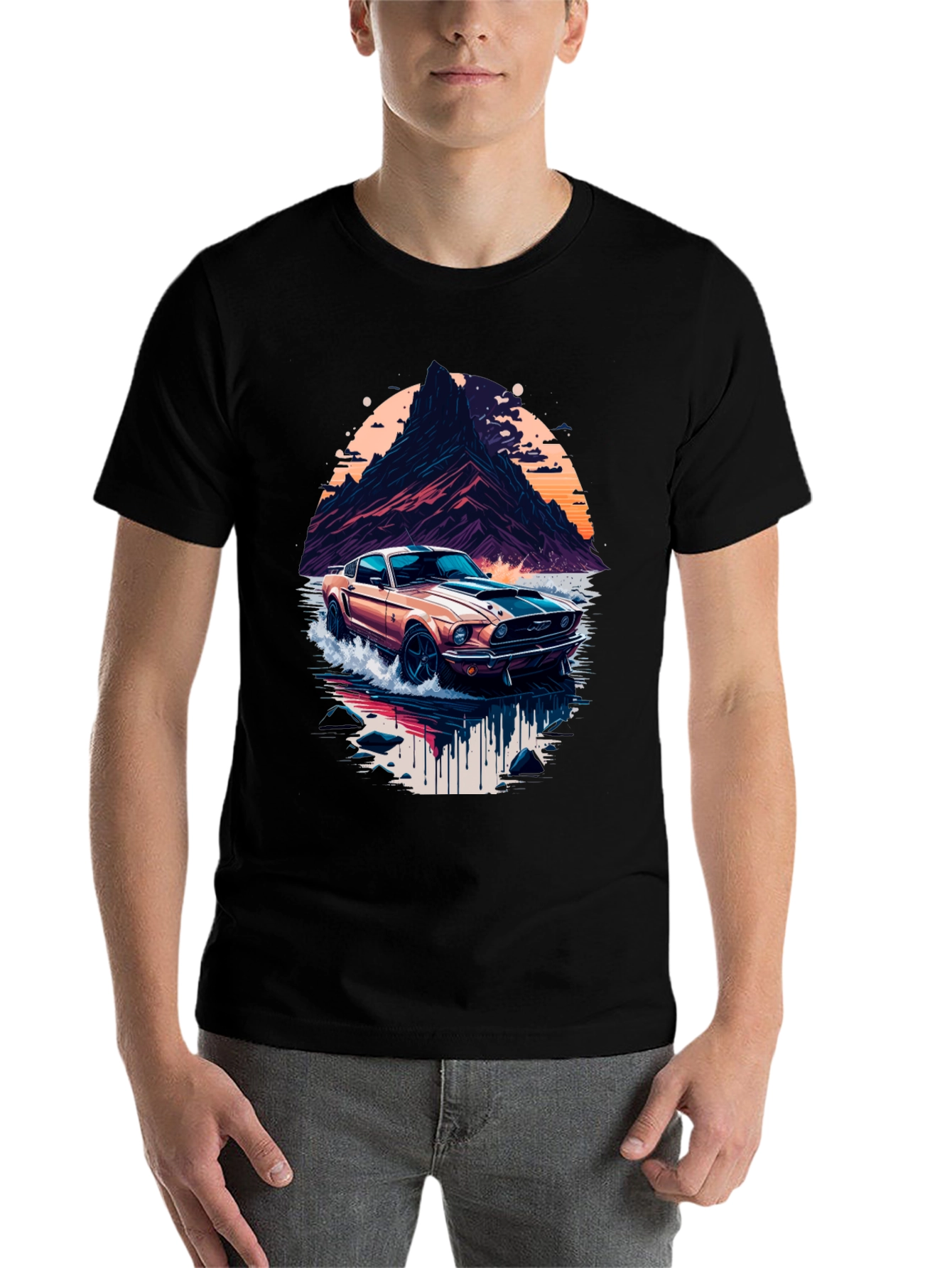 Black Retro Car Graphic Tee - Cool Mountainscape Design view 7