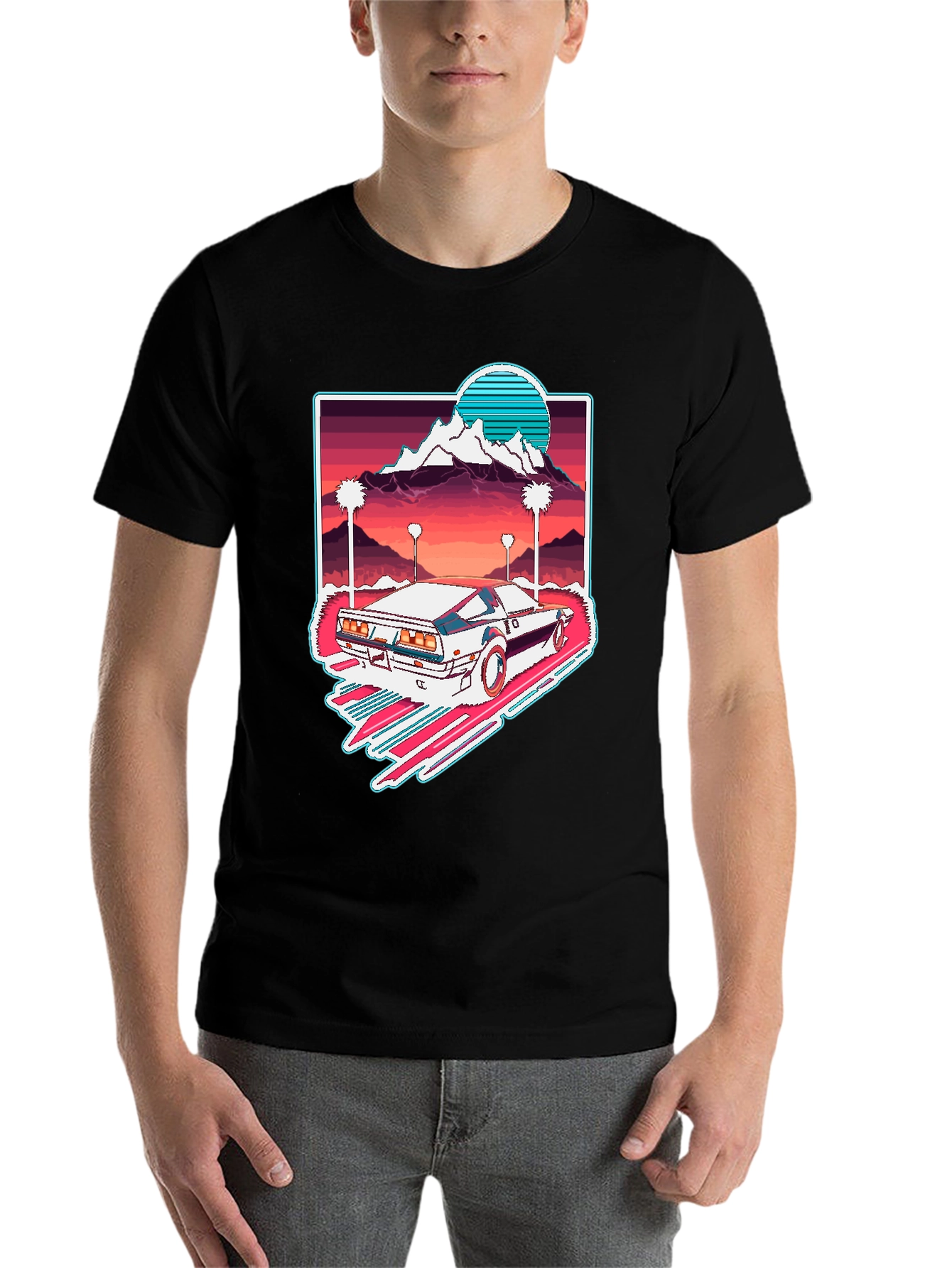 Black Retro Wave Car Graphic Tee - Synthwave Aesthetic T-Shirt view 7