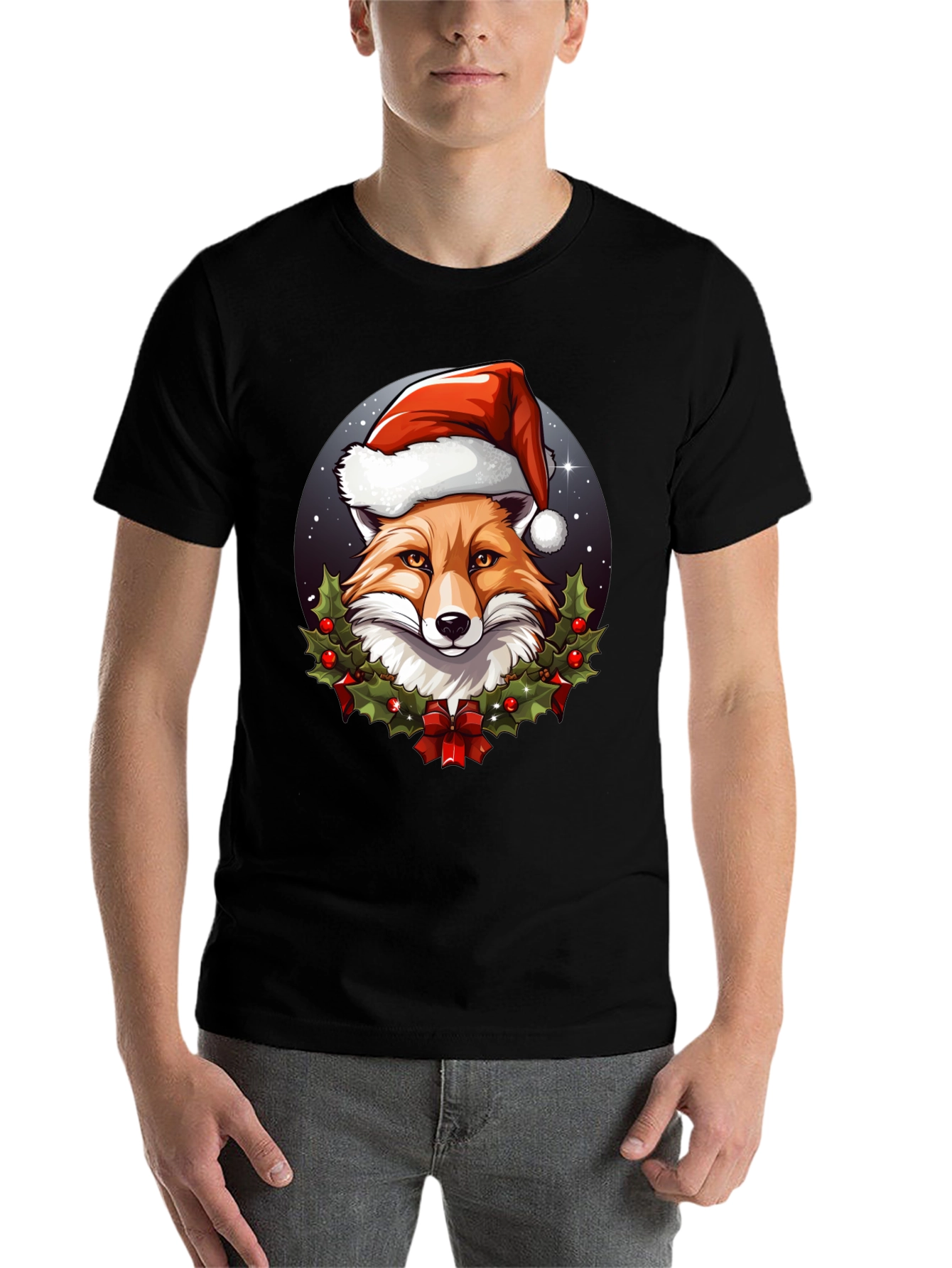 Black Festive Fox Tee: Holiday Spirit Apparel view 7