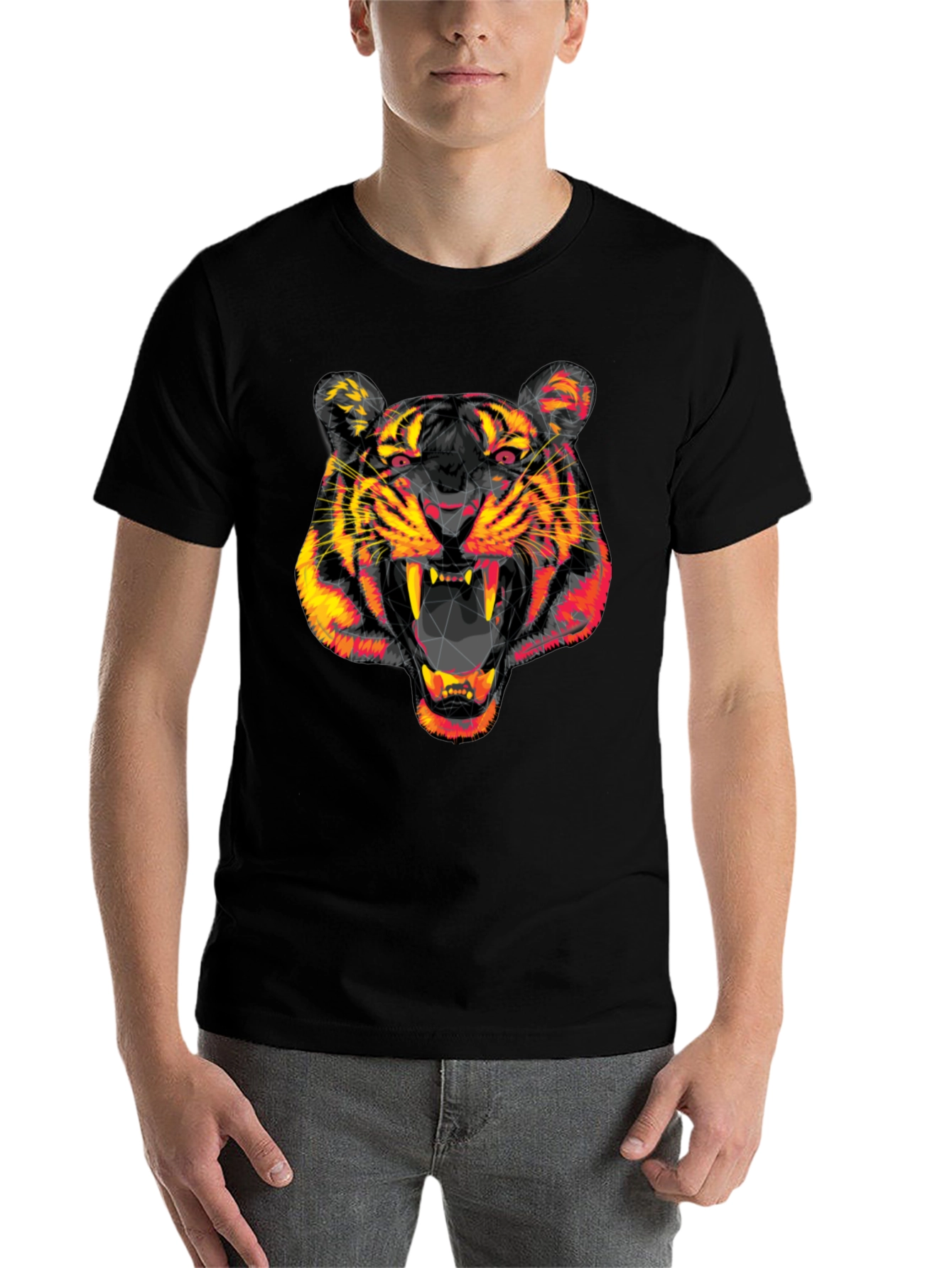Black Geometric Tiger Head Black Graphic Tee view 7