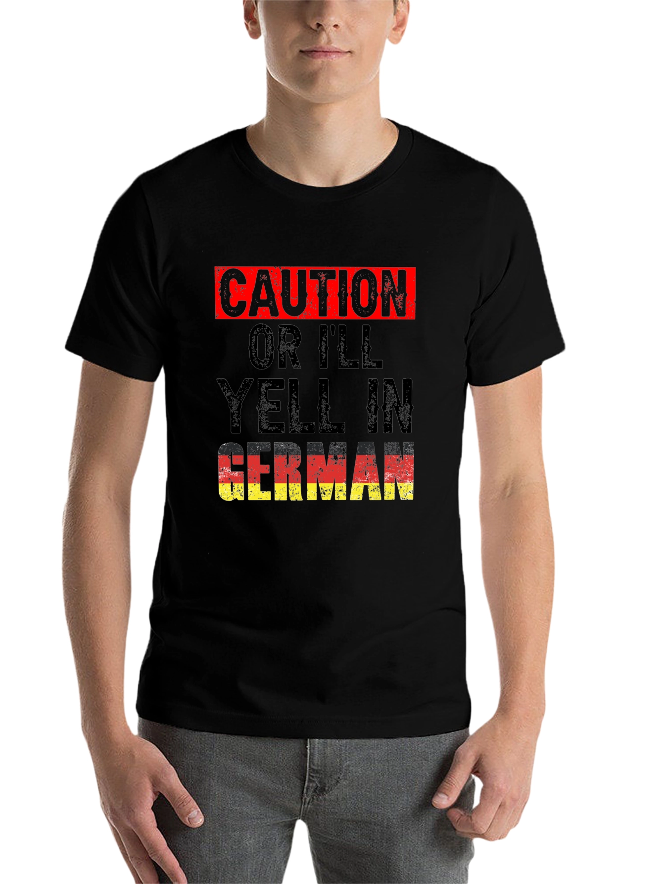 Black Caution, I'll Yell In German T-Shirt view 7