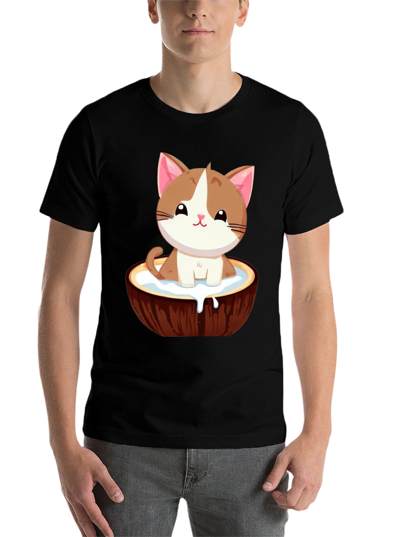 Black Cute Cat in Coconut Bowl T-Shirt view 7
