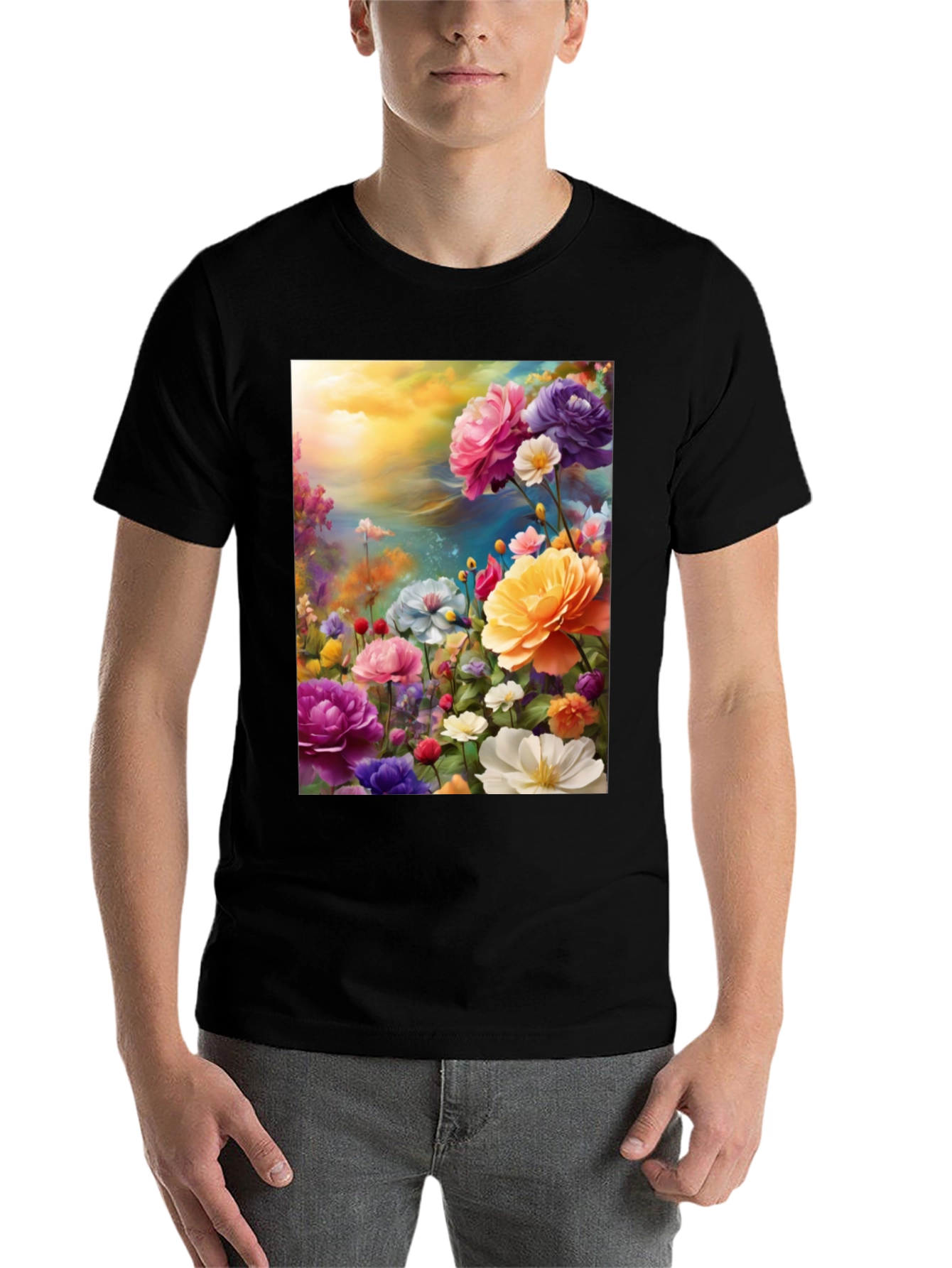 Black Floral Art Print Black T-Shirt view 7