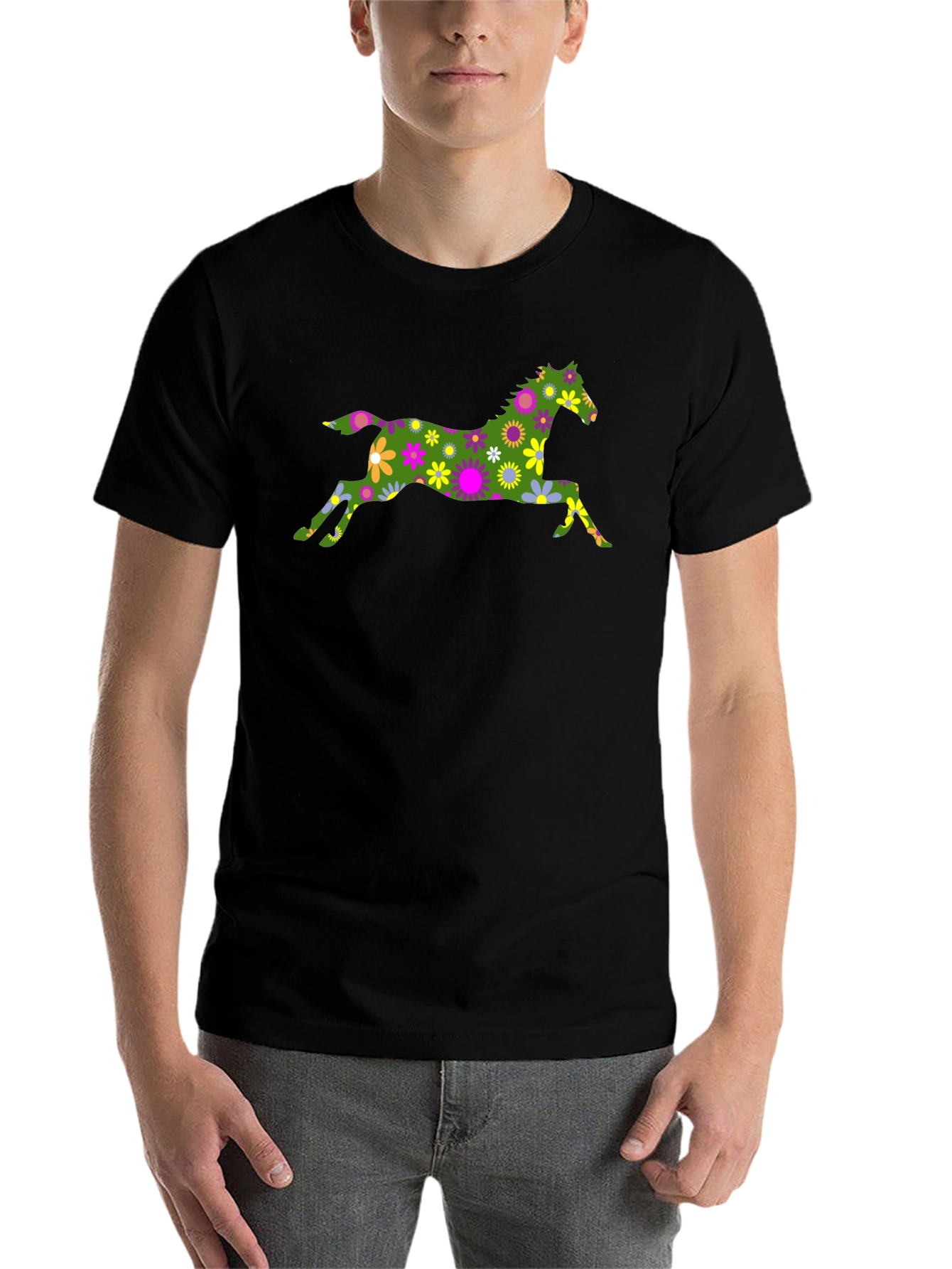 Black Floral Horse Graphic Tee - Black Cotton T-Shirt view 7