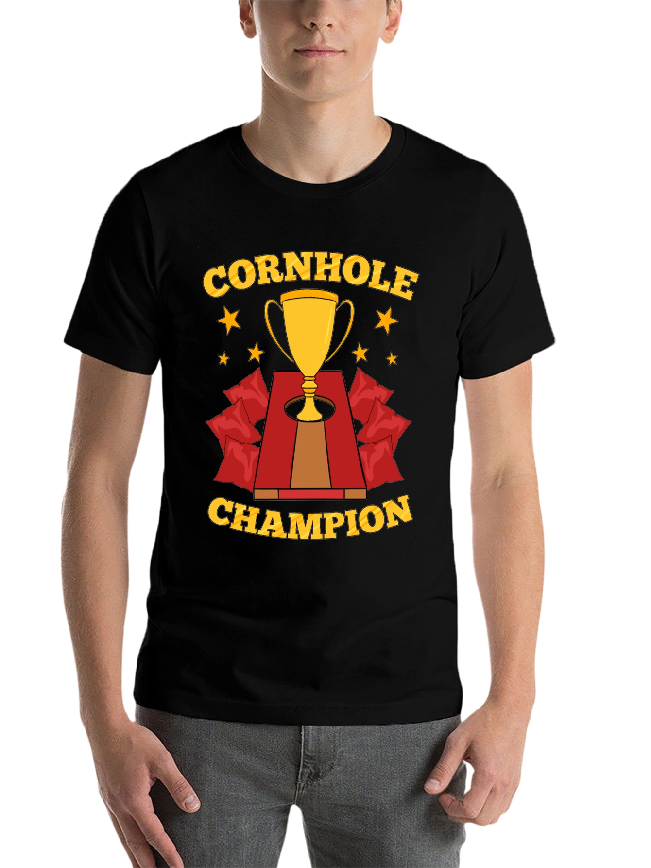 Black Cornhole Champion T-Shirt, Trophy Design view 7