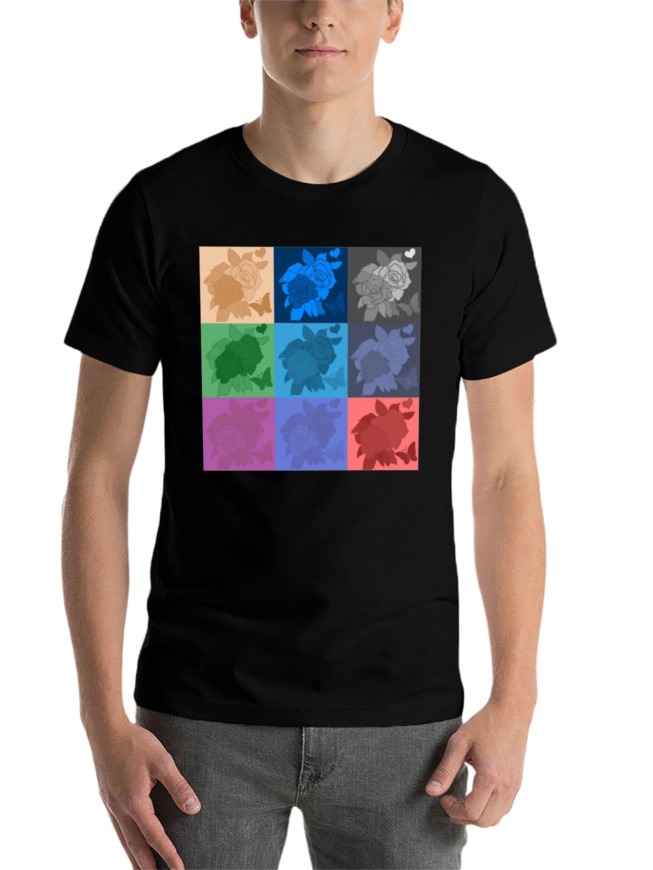 Black Retro Rose Pop Art T-Shirt - Stylish Graphic Tee view 7