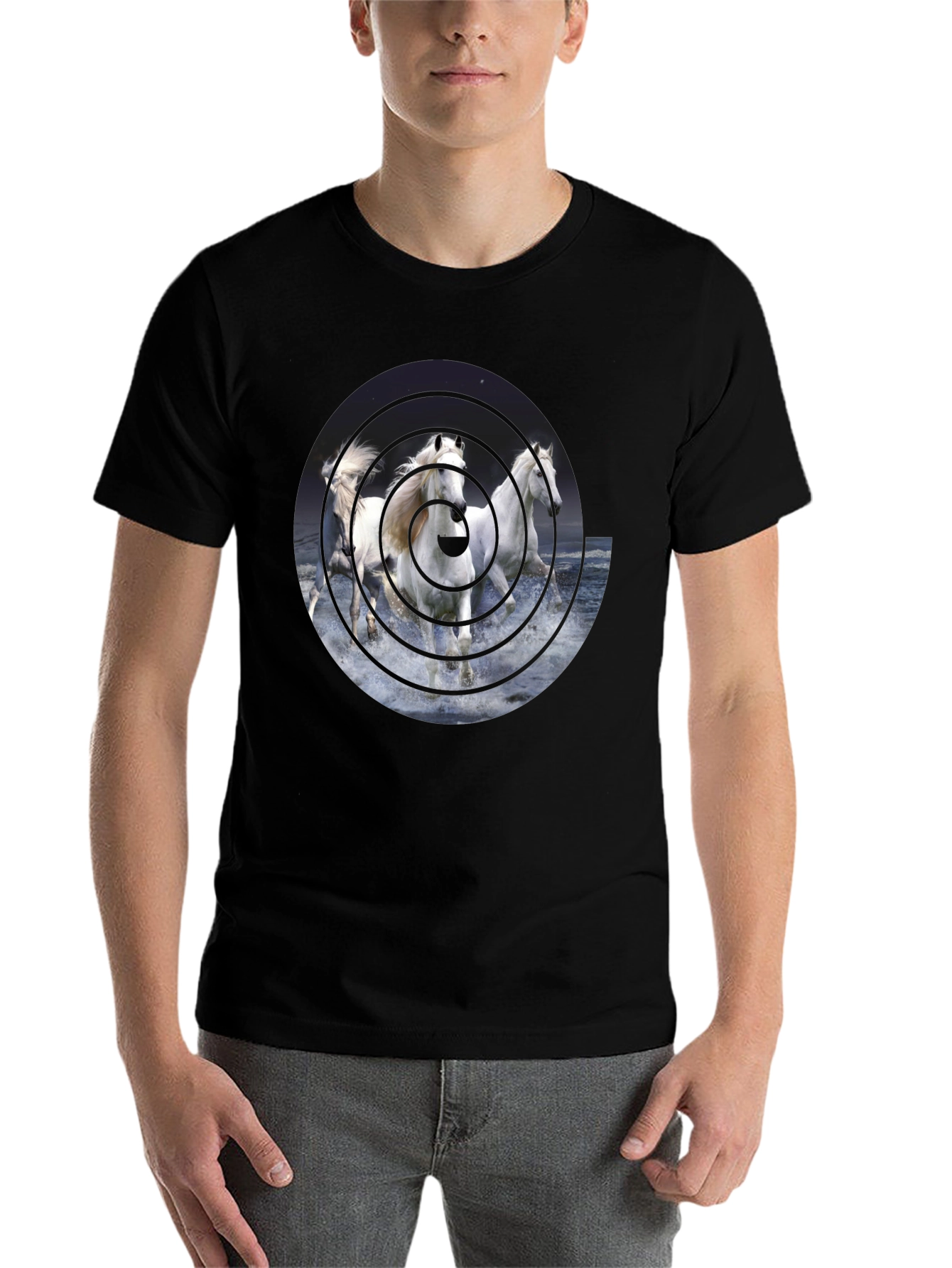 Black Equine Vortex Black T-Shirt - Unique Horse Design view 7