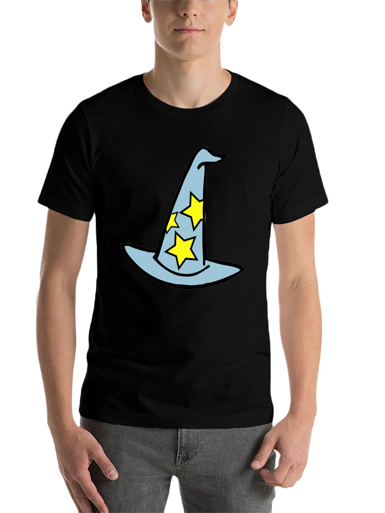 Black Wizard Hat Graphic Tee - Magical Star Design Black T-Shirt view 7